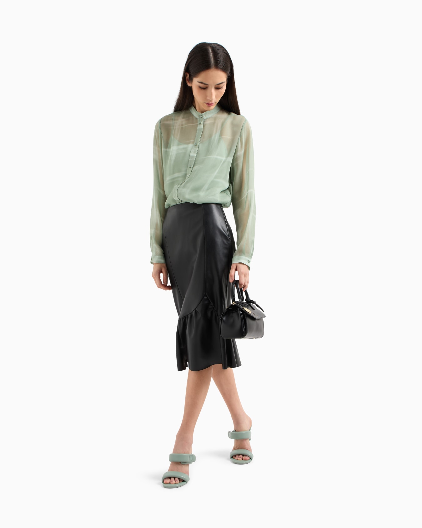 ASV Faux Leather Midi Skirt with Ruffle Slide 1