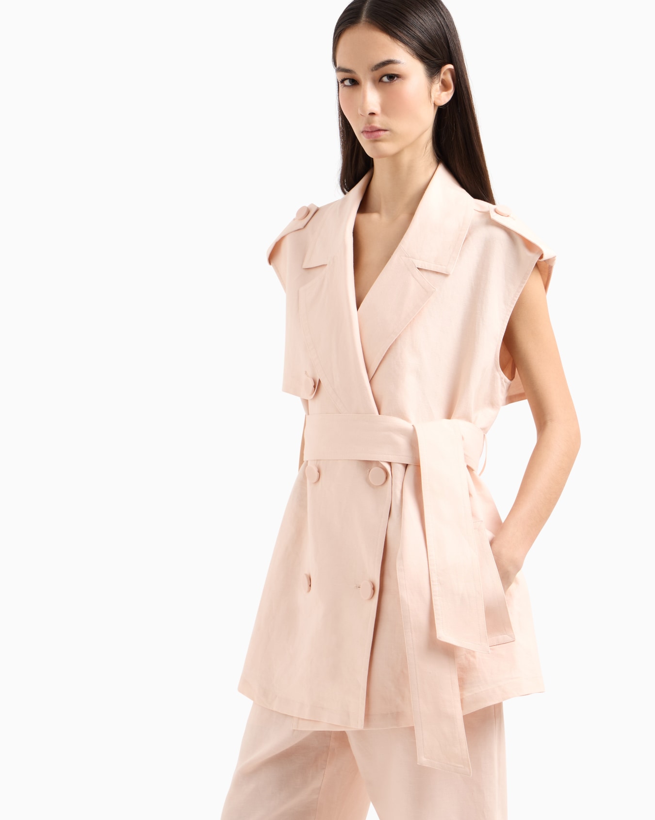 Double-breasted waistcoat with belt in linen blend Slide 4