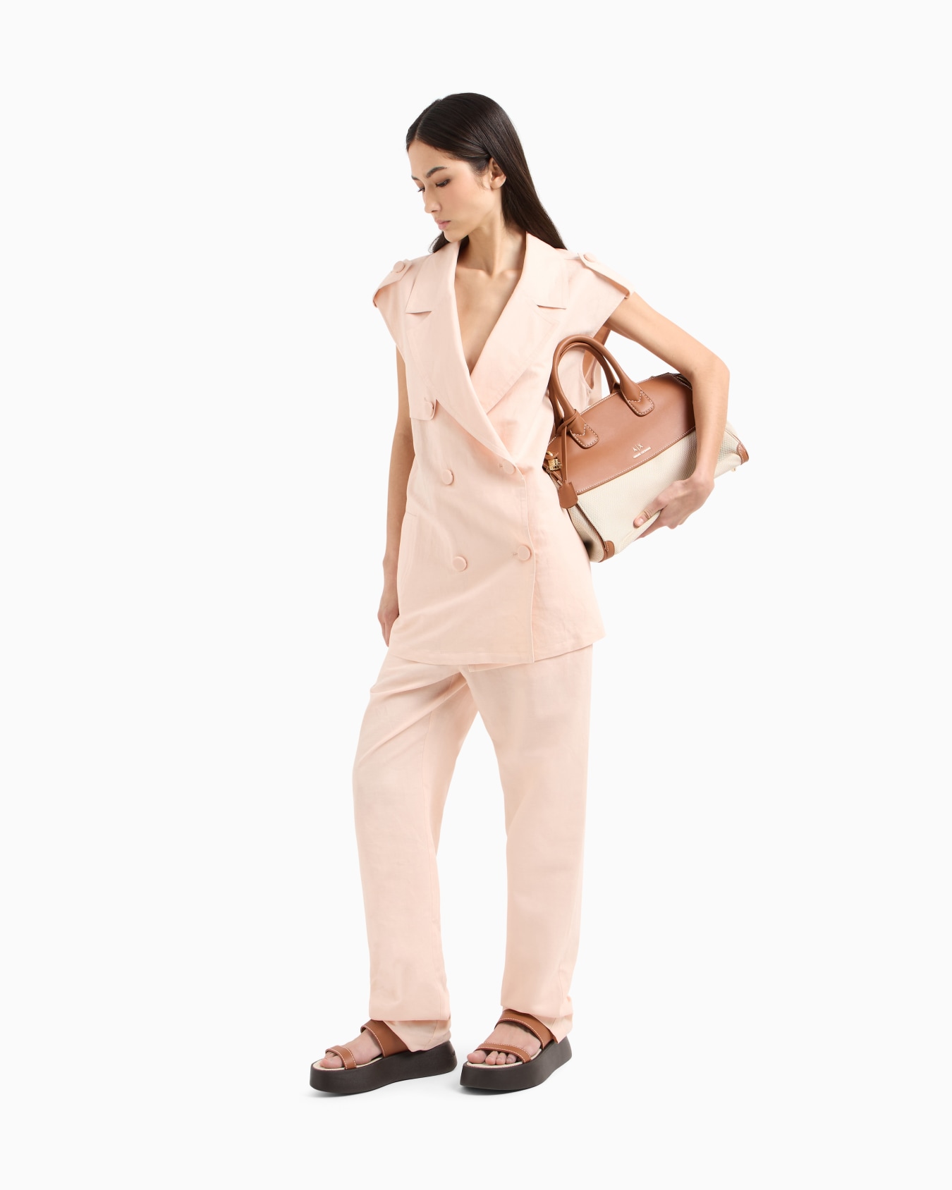 Double-breasted waistcoat with belt in linen blend Slide 1