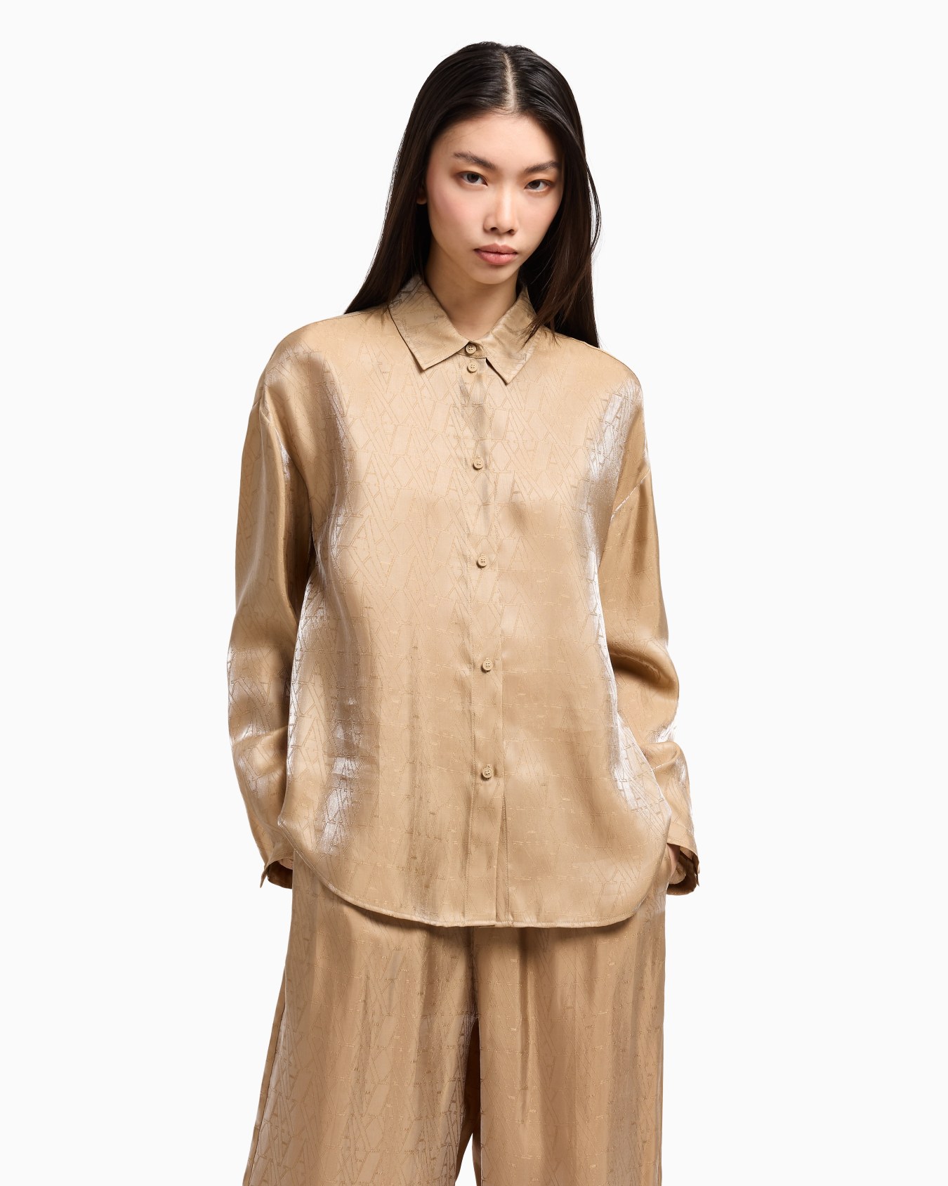 Shiny fabric shirt with allover logo Slide 3