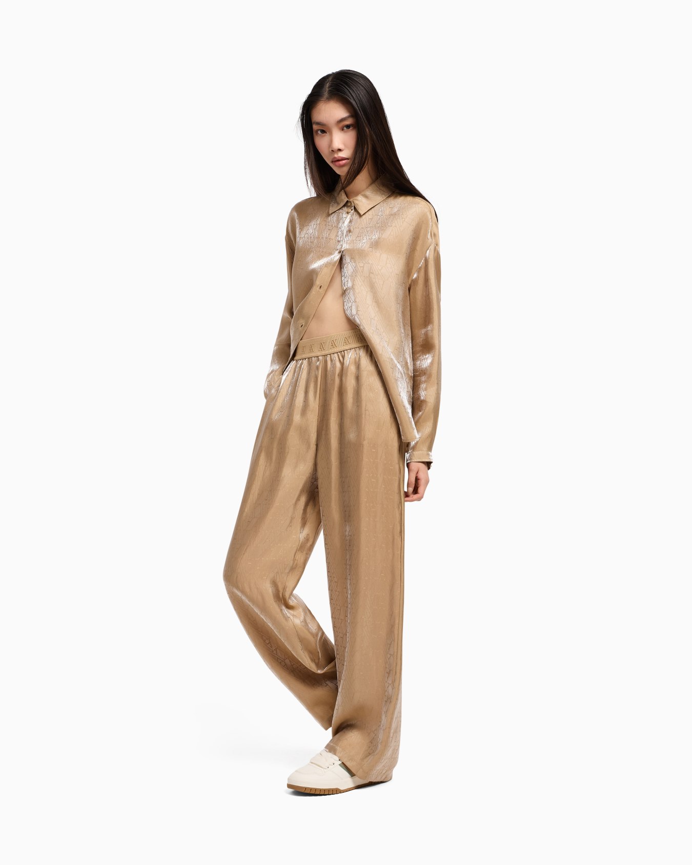 Oversized viscose trousers with allover logo Slide 1