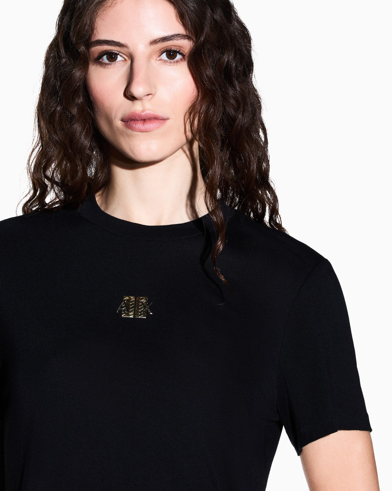 Crew neck T-shirt in viscose jersey with a metallic logo Slide 6