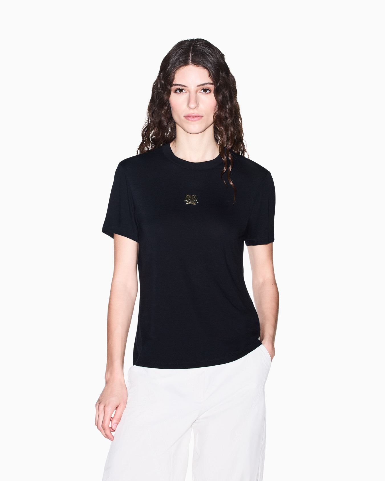 Crew neck T-shirt in viscose jersey with a metallic logo Slide 3