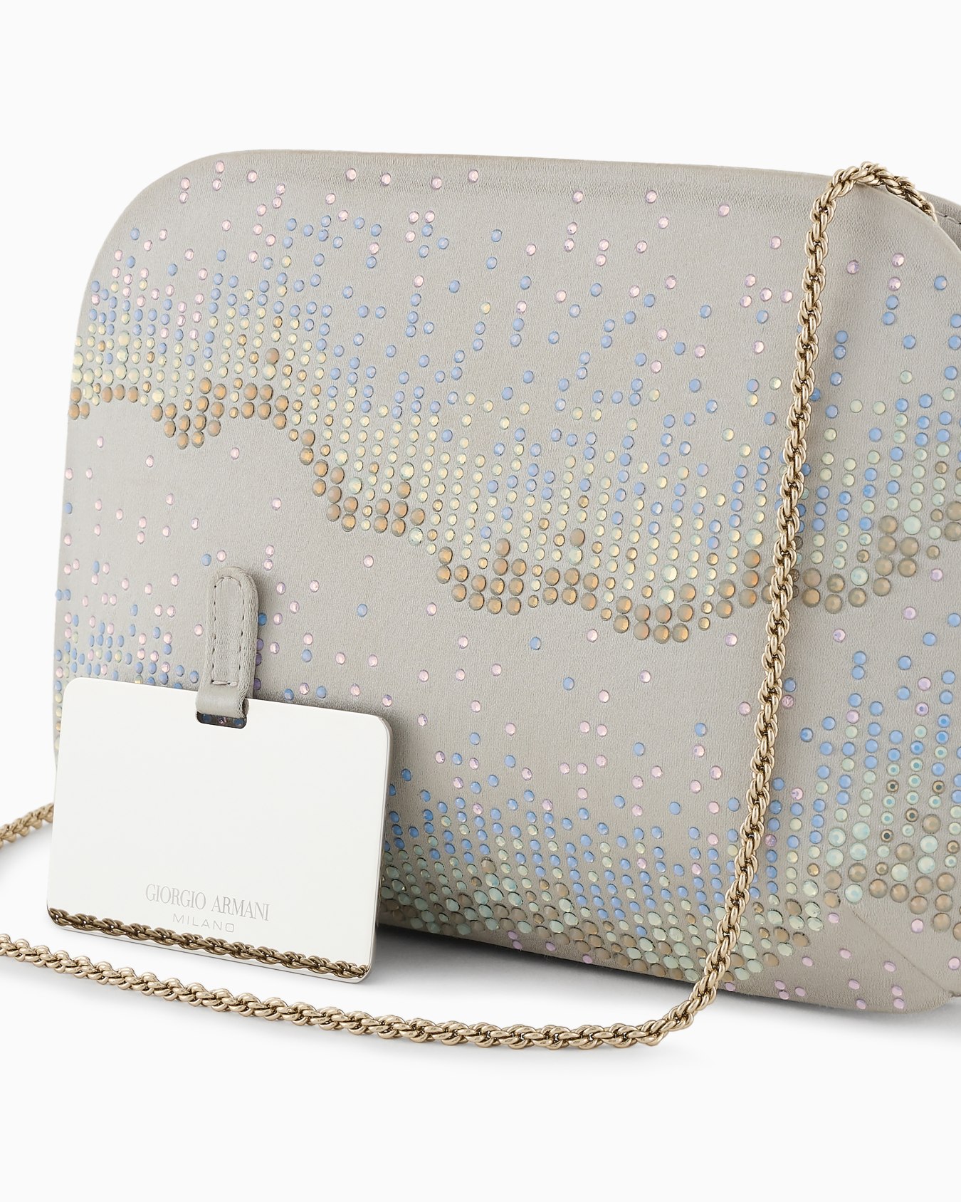 La Prima satin and rhinestone clutch bag with wave motif Slide 5
