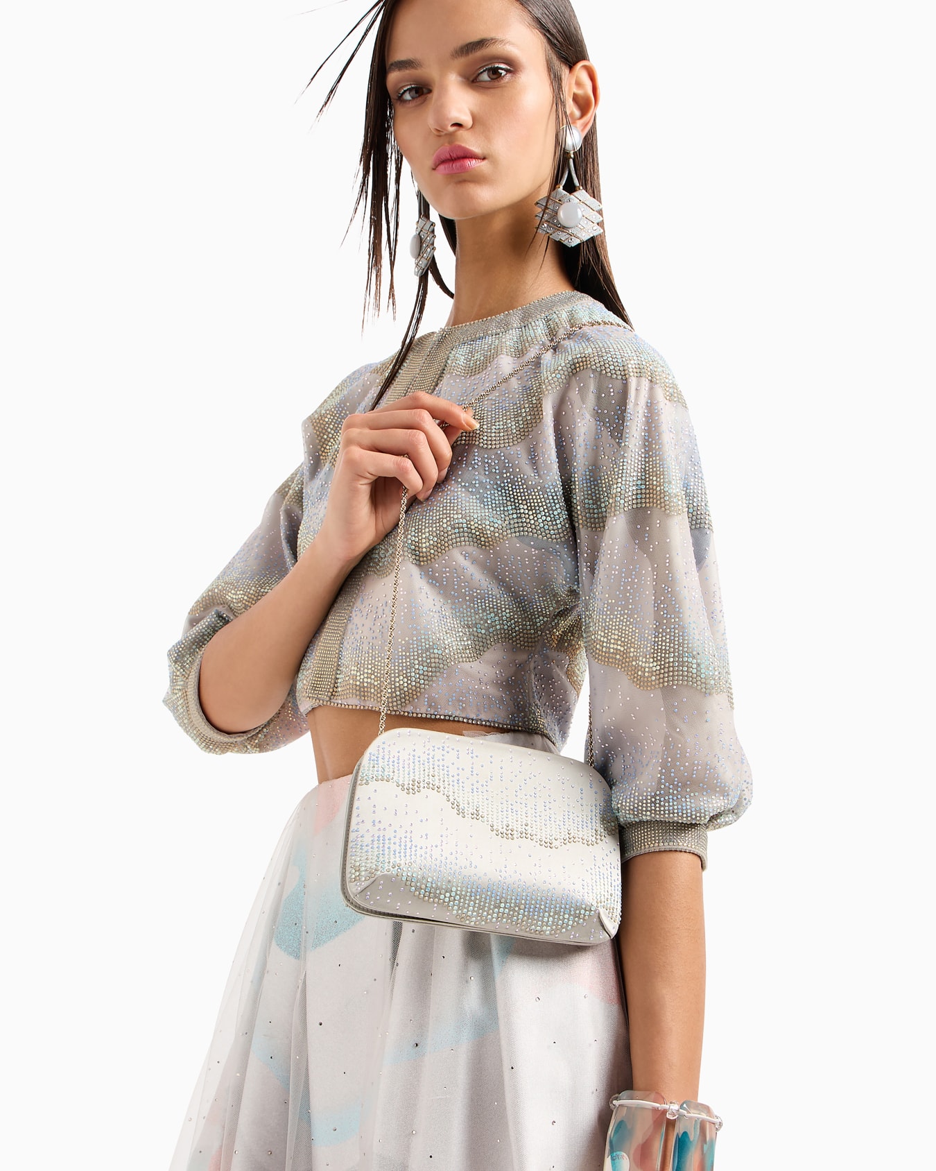 La Prima satin and rhinestone clutch bag with wave motif Slide 6