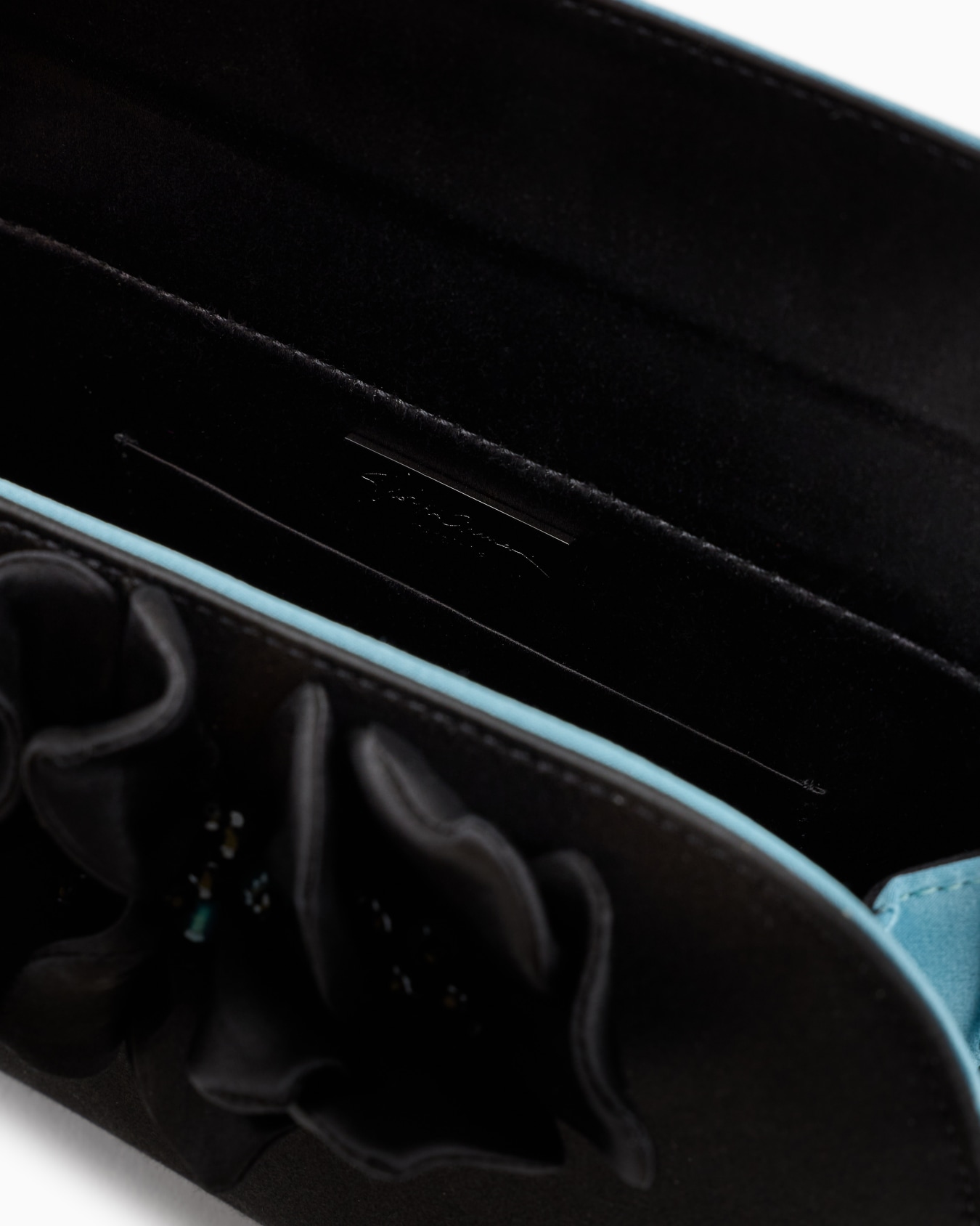 La Prima satin clutch bag with applied flowers Slide 3