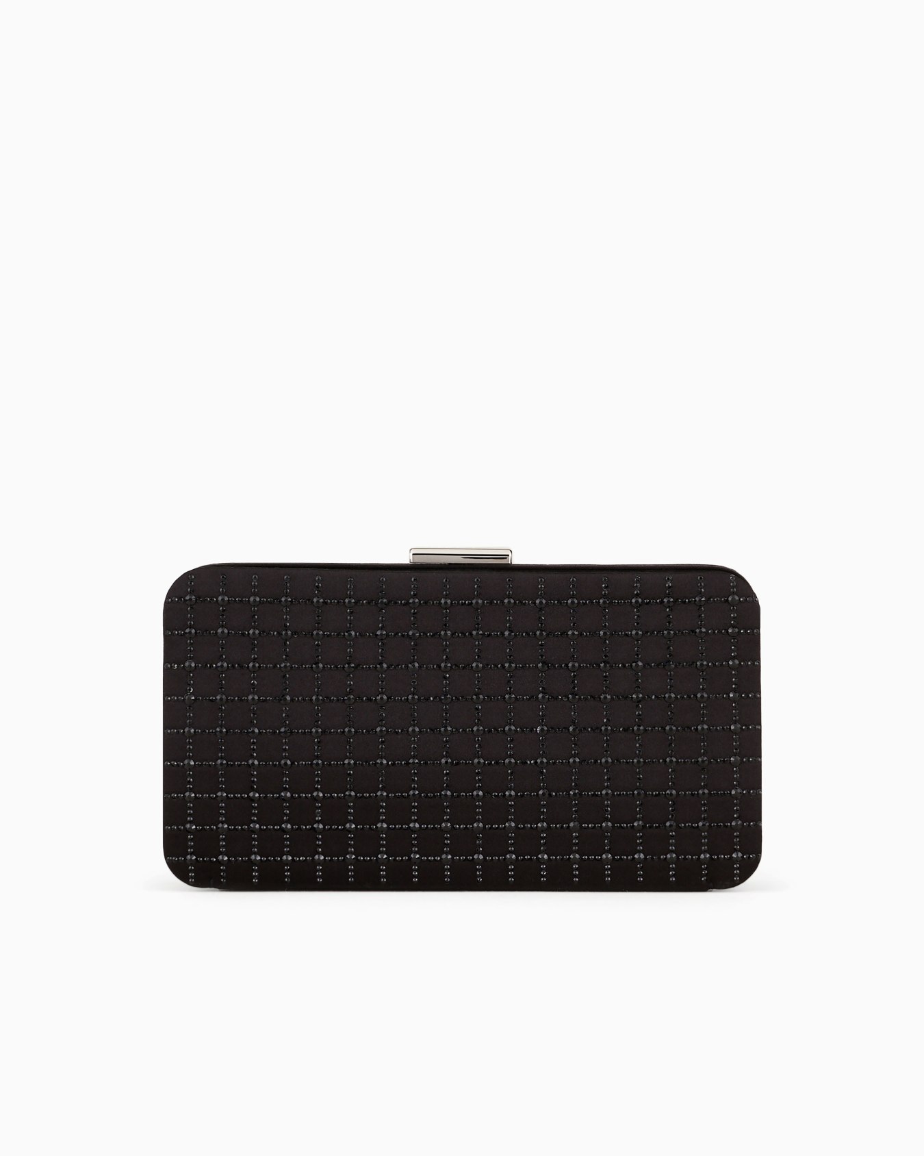 Clutch rettangolare in raso e strass Slide 0