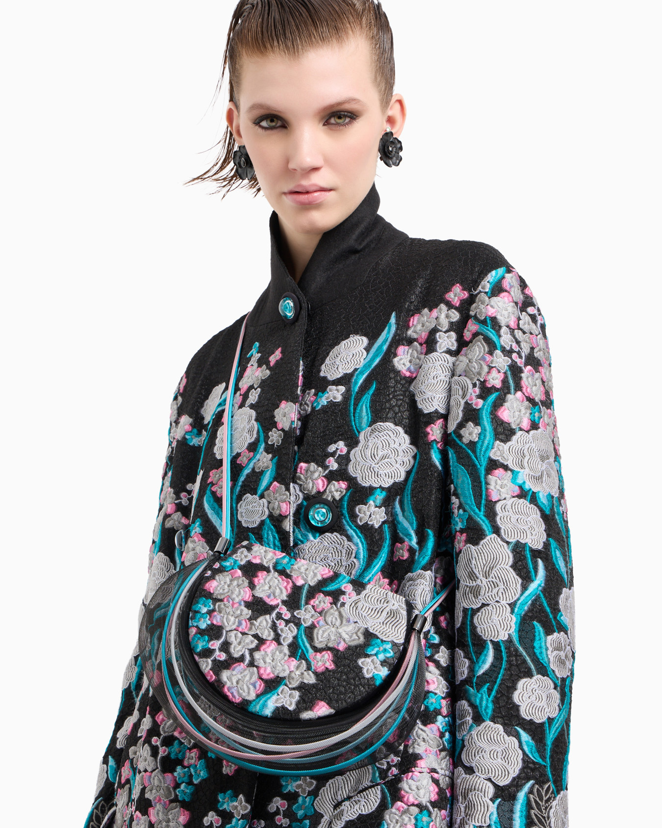 Velvet clutch bag with trailing floral embroidery and crinoline Slide 5