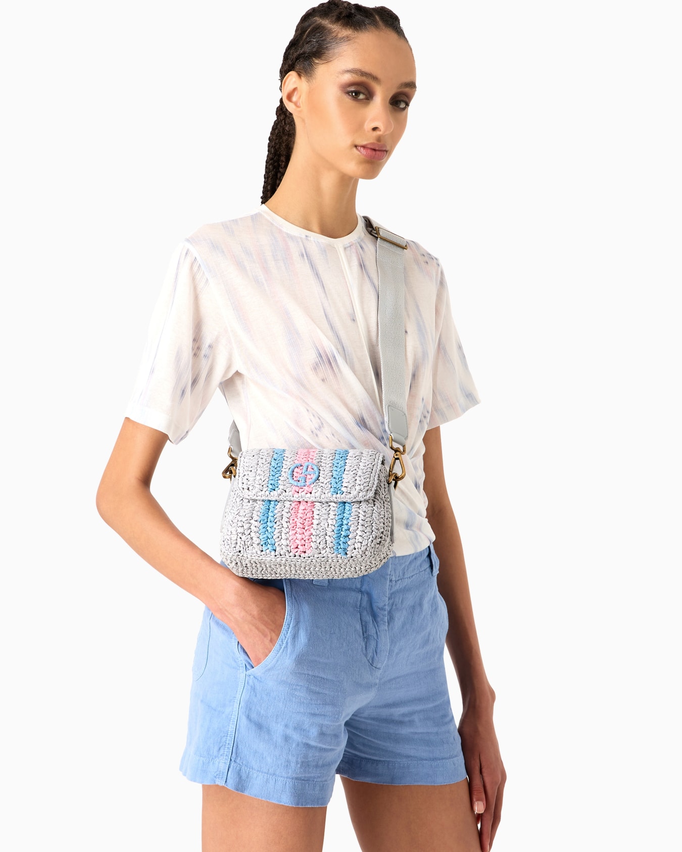 Striped woven raffia la Prima bag with webbing shoulder strap Slide 5