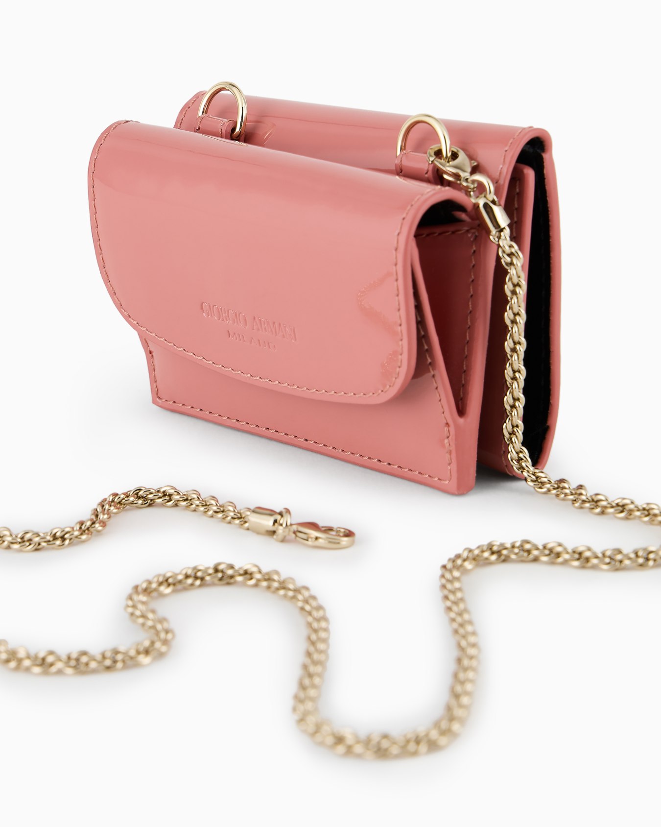 Portafogli trifold mini la Prima in vernice con tracolla in strass Slide 4