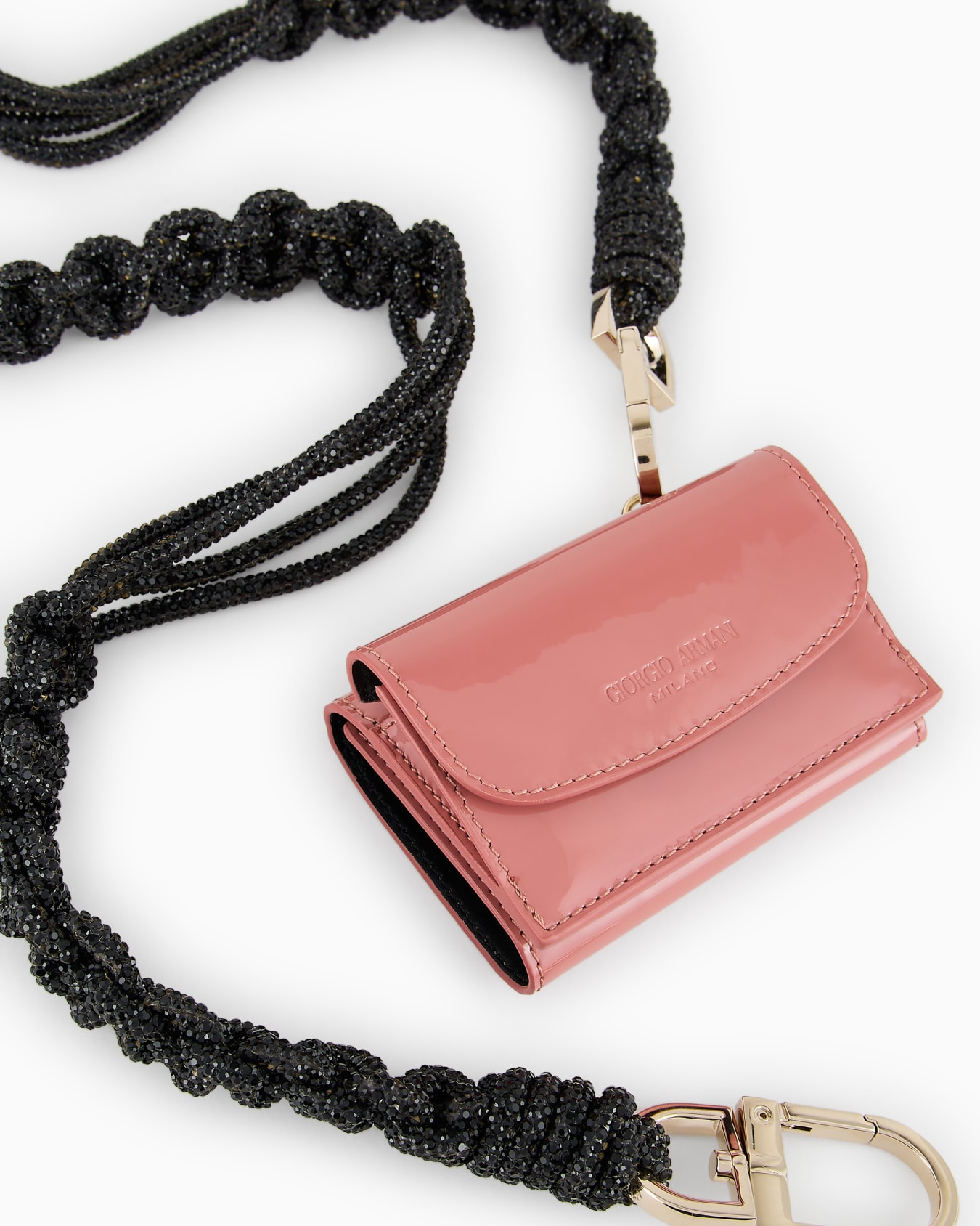 Portafogli trifold mini la Prima in vernice con tracolla in strass Slide 1