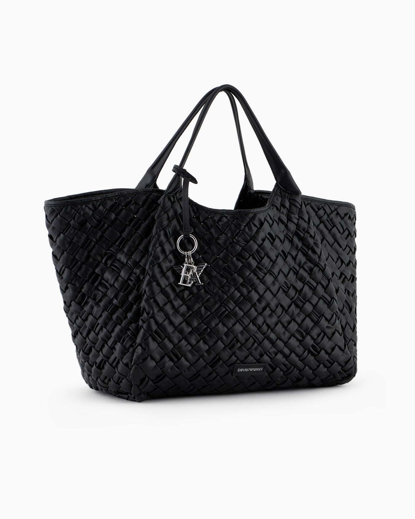 Oversized nappa leather-effect interwoven shopper bag with logo charm Slide 1