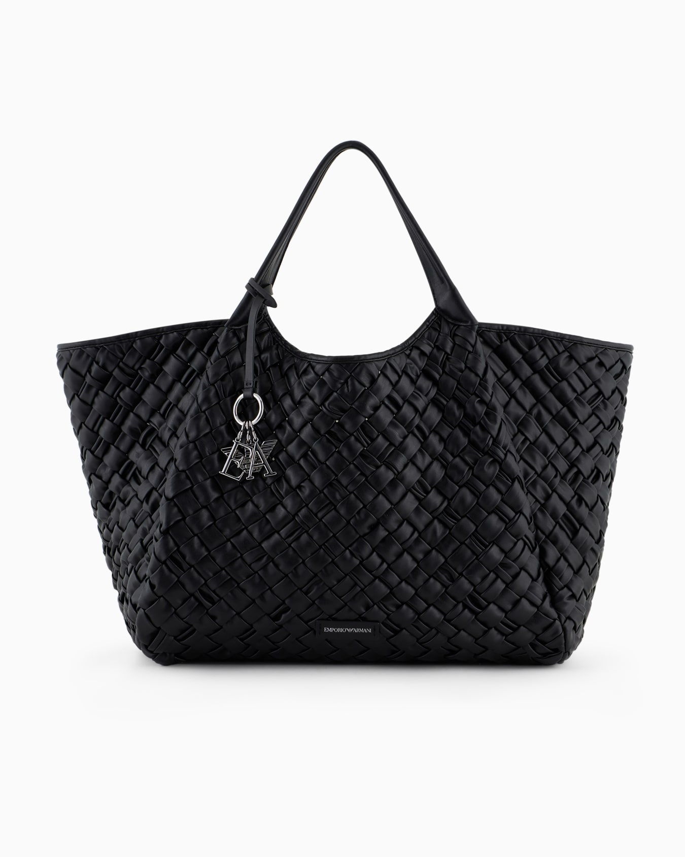Oversized nappa leather-effect interwoven shopper bag with logo charm Slide 0