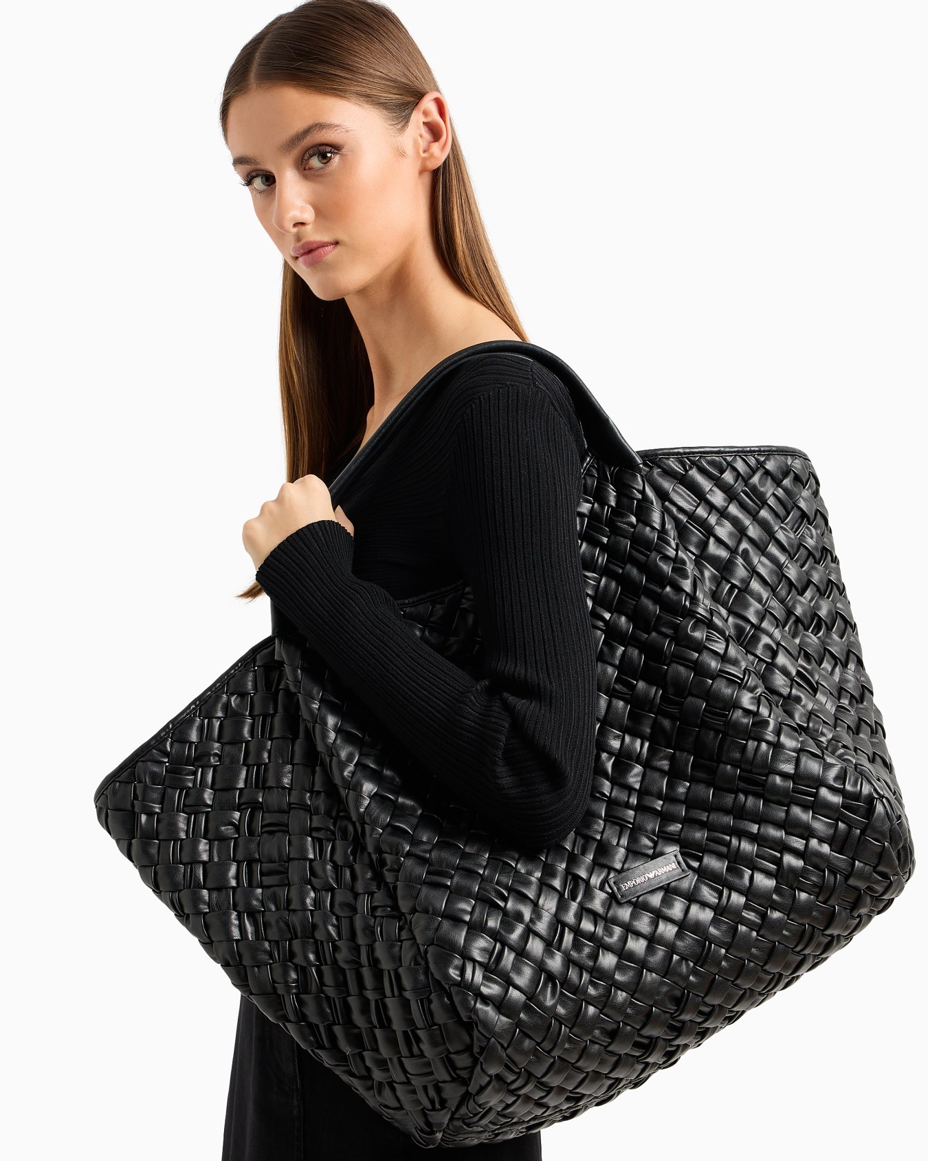 Oversized nappa leather-effect interwoven shopper bag with logo charm Slide 5
