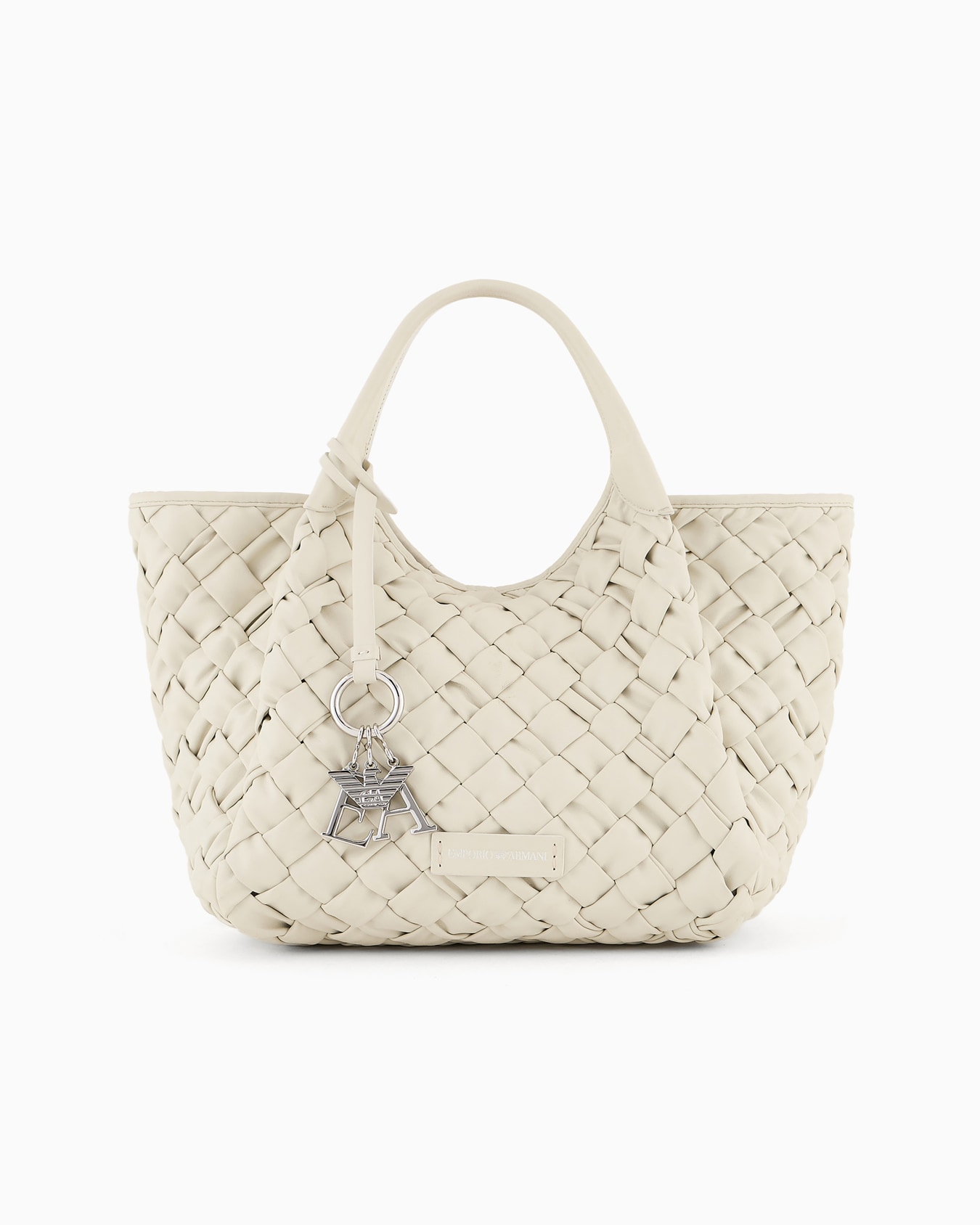 Nappa leather-effect interwoven shopper bag with logo charm Slide 0