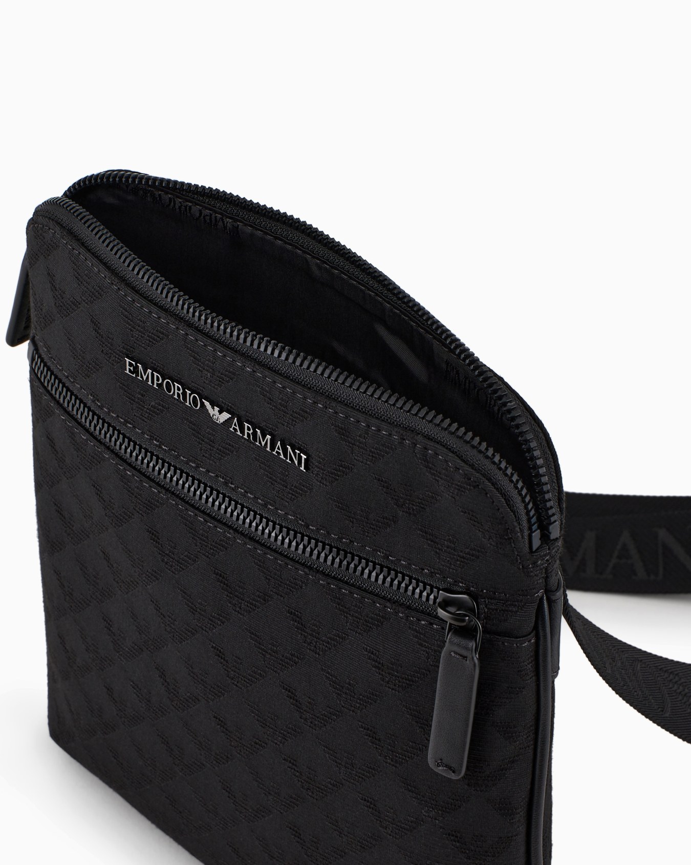 Flat nylon shoulder bag with all-over jacquard eagle Slide 3