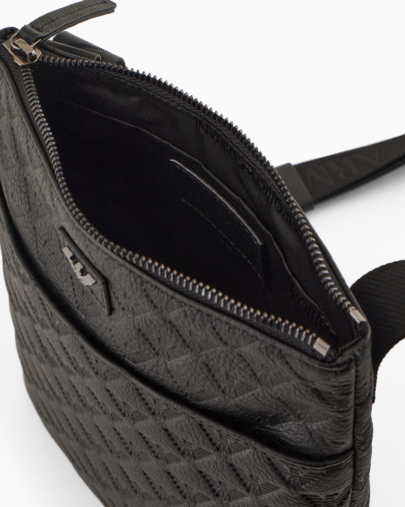 Flat leather shoulder bag with all-over embossed eagle Slide 3