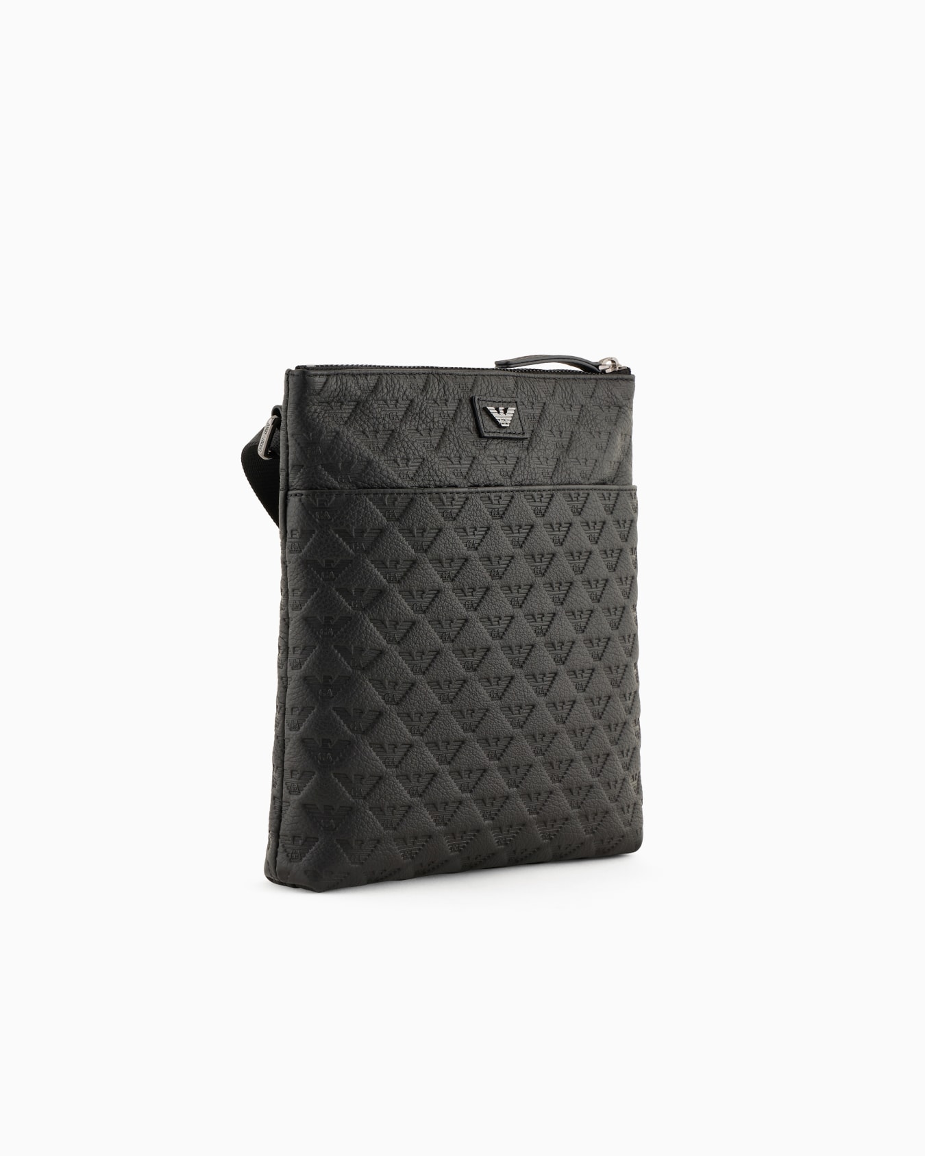 Flat leather shoulder bag with all-over embossed eagle Slide 1