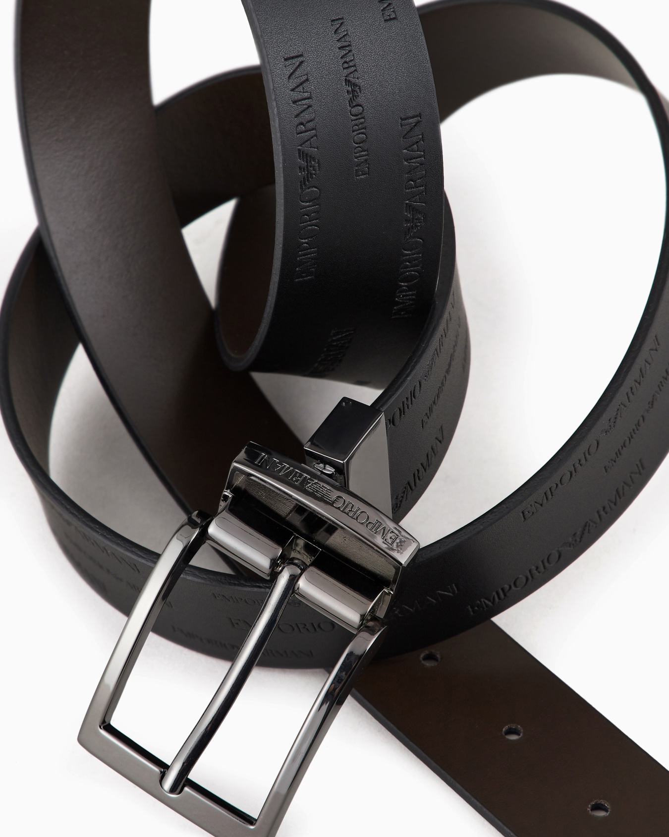 Reversible leather belt with all-over embossed lettering Slide 2