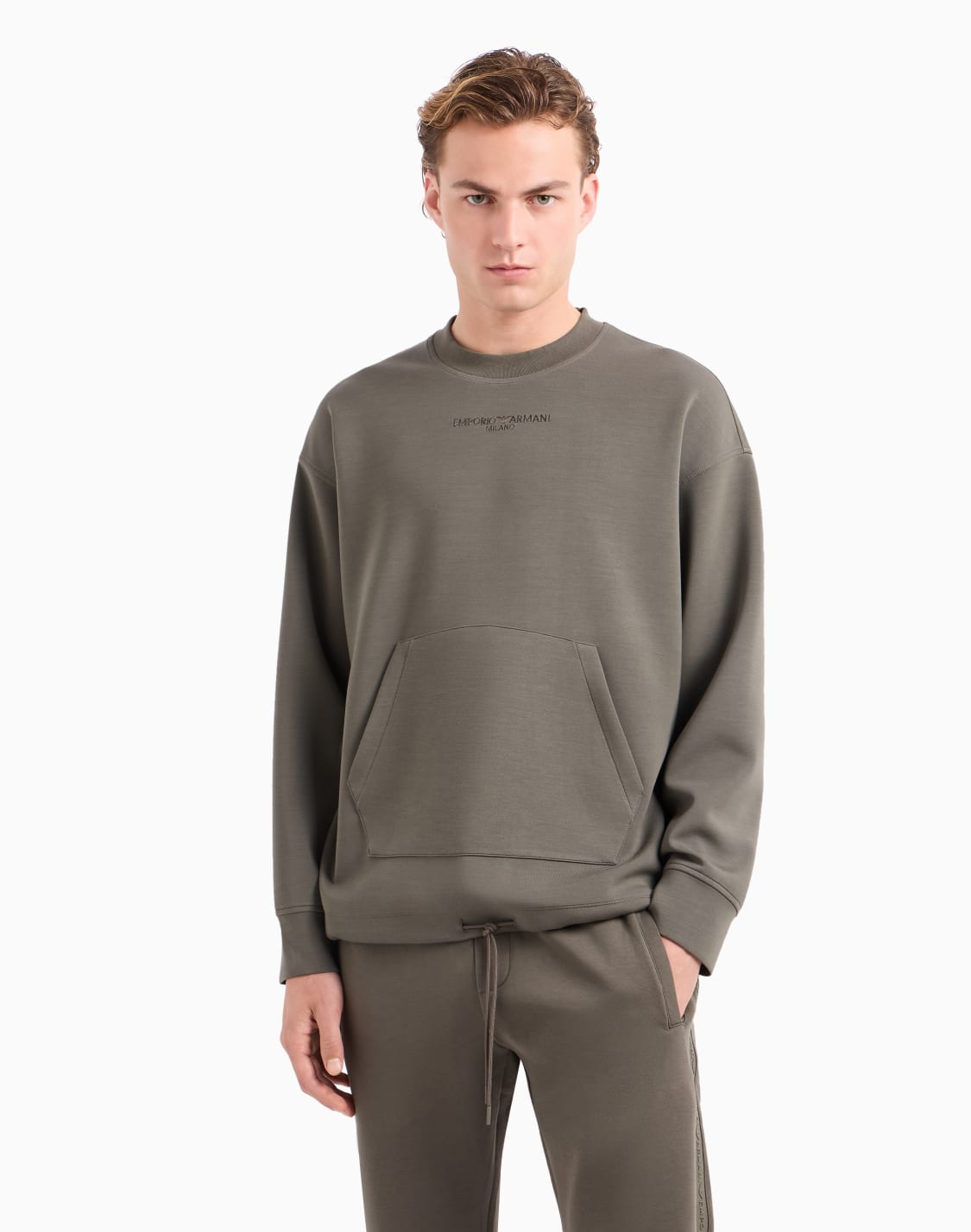 sweat-shirt-en-mlange-de-jersey-modal-avec-logo-brod-et-poche-kangourou-vert--emporio-armani