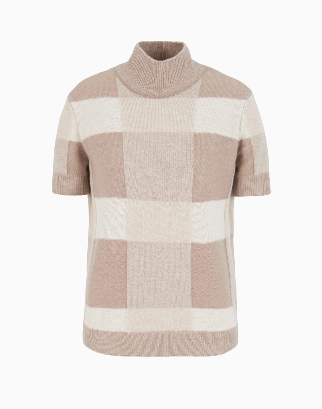 icon-short-sleeved-virgin-wool-mock-neck-jumper-with-a-plated-check-motif-beige--emporio-armani