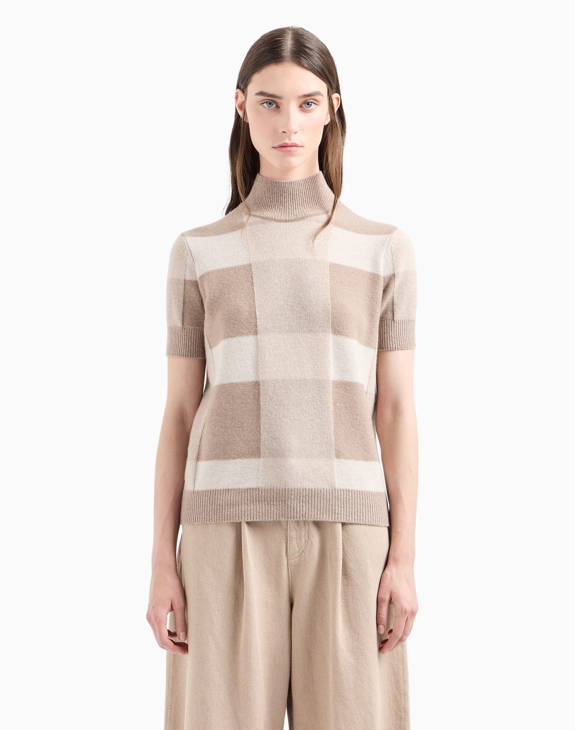 icon-short-sleeved-virgin-wool-mock-neck-jumper-with-a-plated-check-motif-beige--emporio-armani
