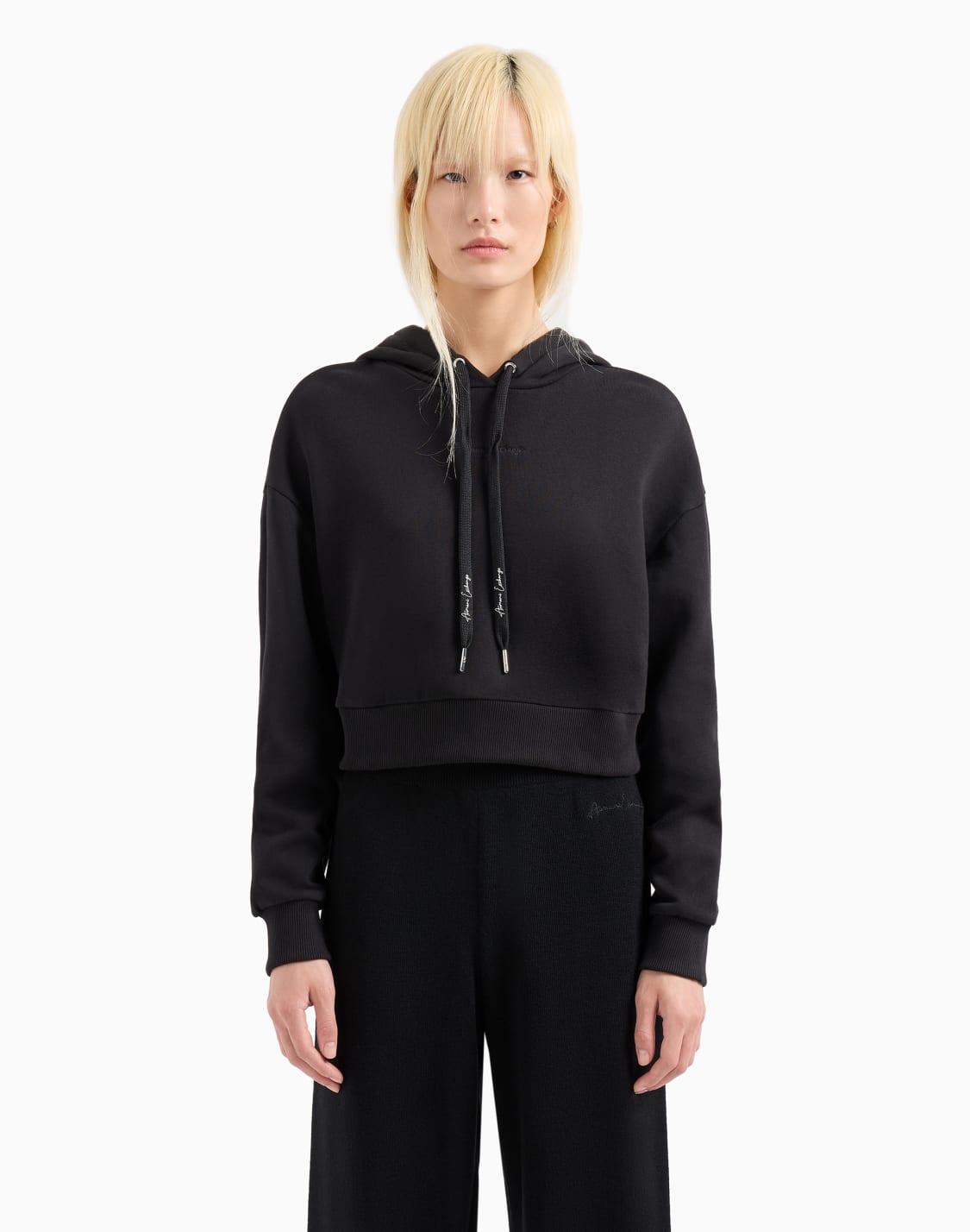 オンライン限定シグネチャロゴ-クロップドフデッドスウェットパカ-ブラック--armani-exchange