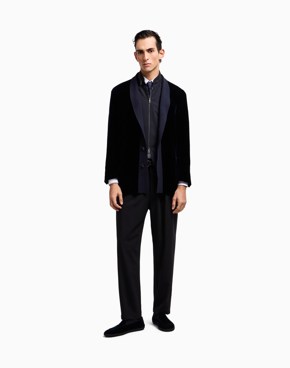シングルブレストジャケット-ベルベット-ニットディテル-ネイビブル--giorgio-armani