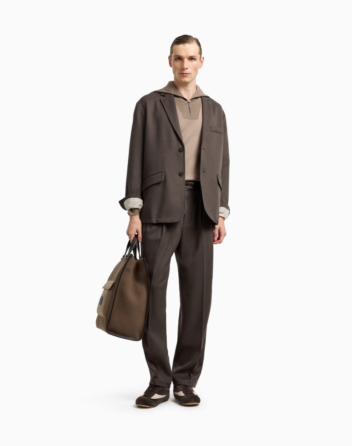 pull-avec-fermeture-zippe-partielle-en-laine-vierge-rase-bicolore-marron--emporio-armani