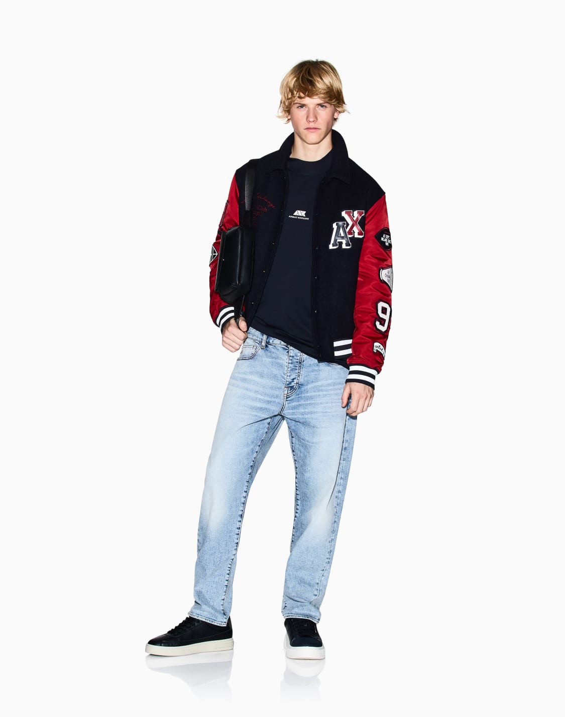 ランダムロゴ-長袖クルネックtシャツ-ネイビブル--armani-exchange