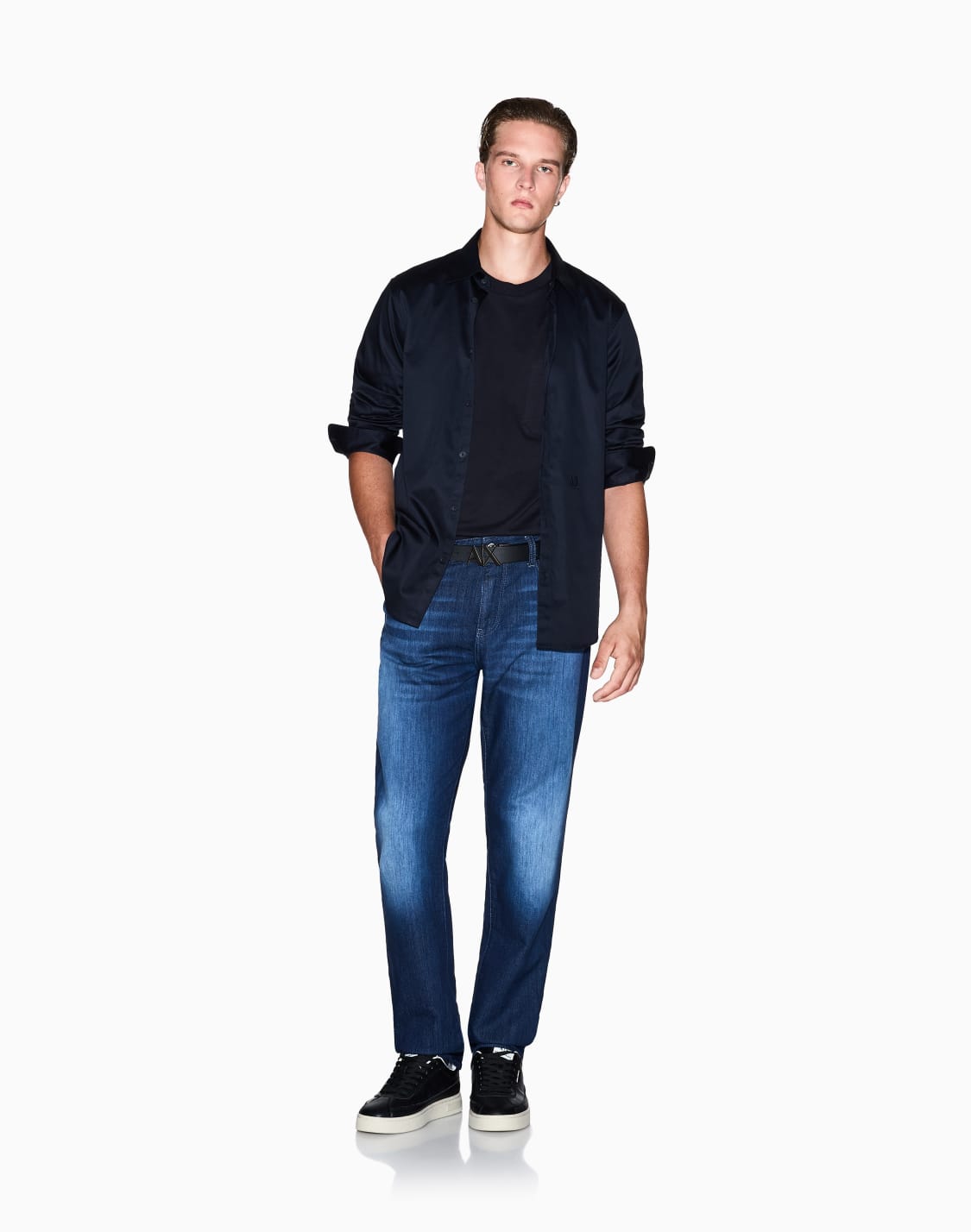 chemise-en-coton-extensible-manches-longues-bleu-marine--armani-exchange