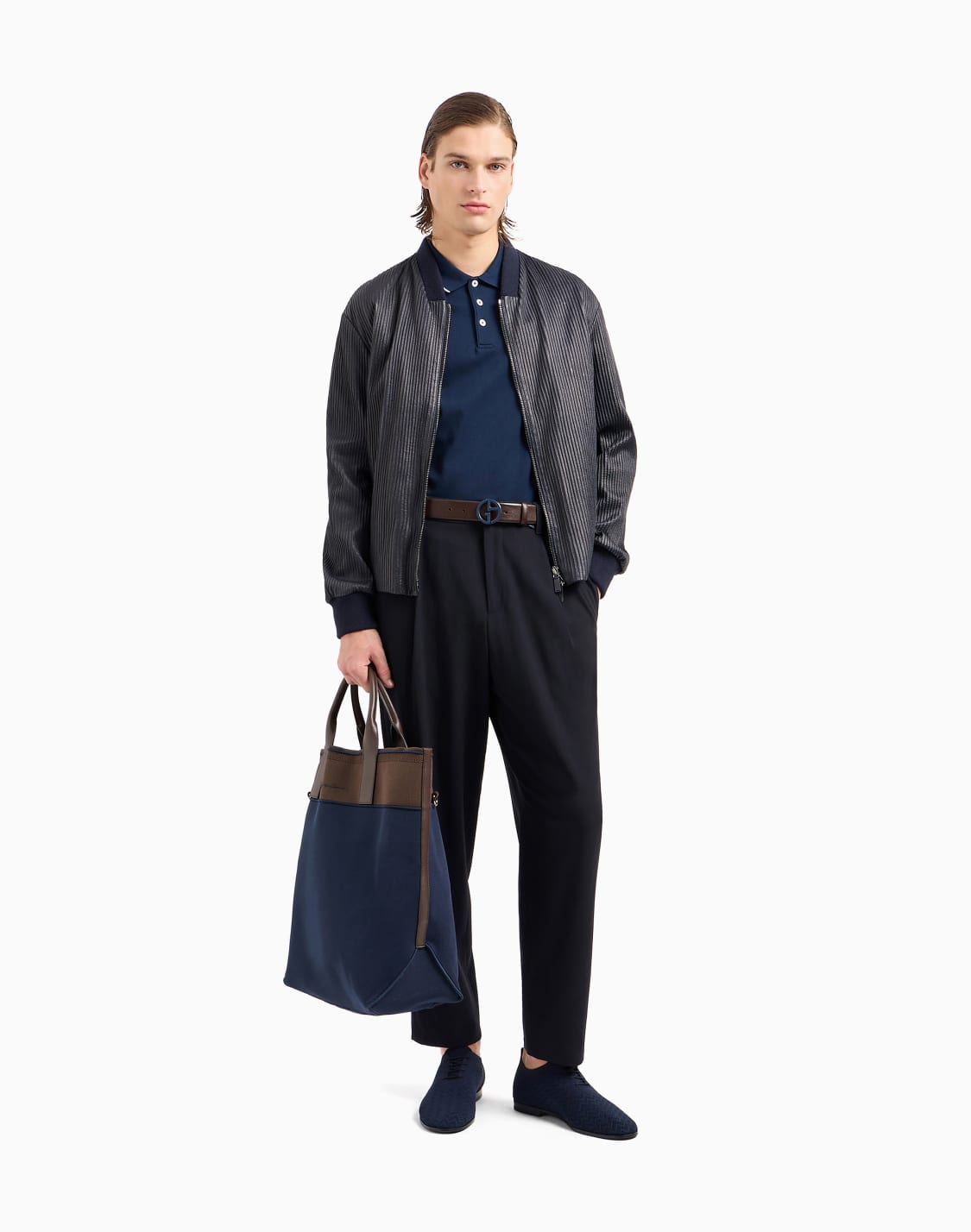 ポロシャツ-コットンライル糸ピケ-ブル--giorgio-armani