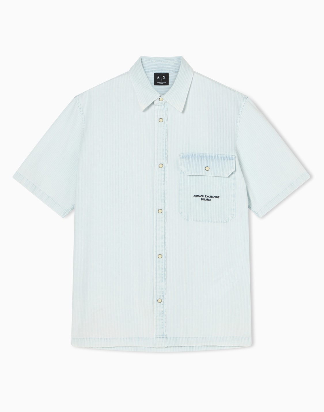 ライトブルストライプデニム-ボクシフィット-半袖シャツ-ブル--armani-exchange