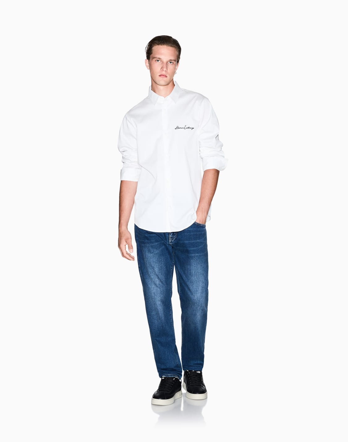 オンライン限定シグネチャロゴ-ストレッチコットンサテンシャツ-ホワイト--armani-exchange