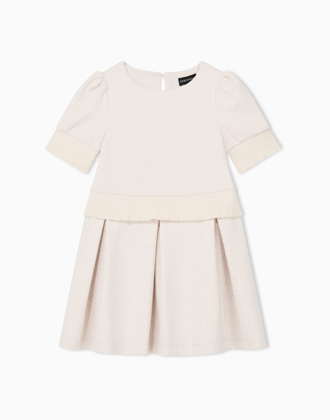 monogram-jacquard-dress-with-puff-sleeves-and-pleated-skirt-beige--emporio-armani