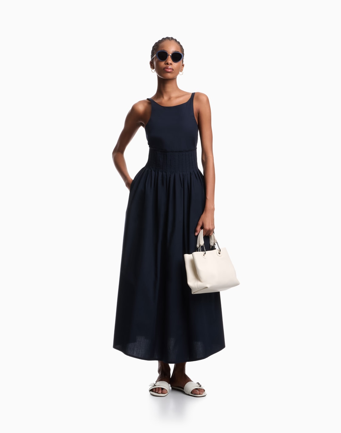 robe-longue-motif-smock-en-popeline-bleu--emporio-armani