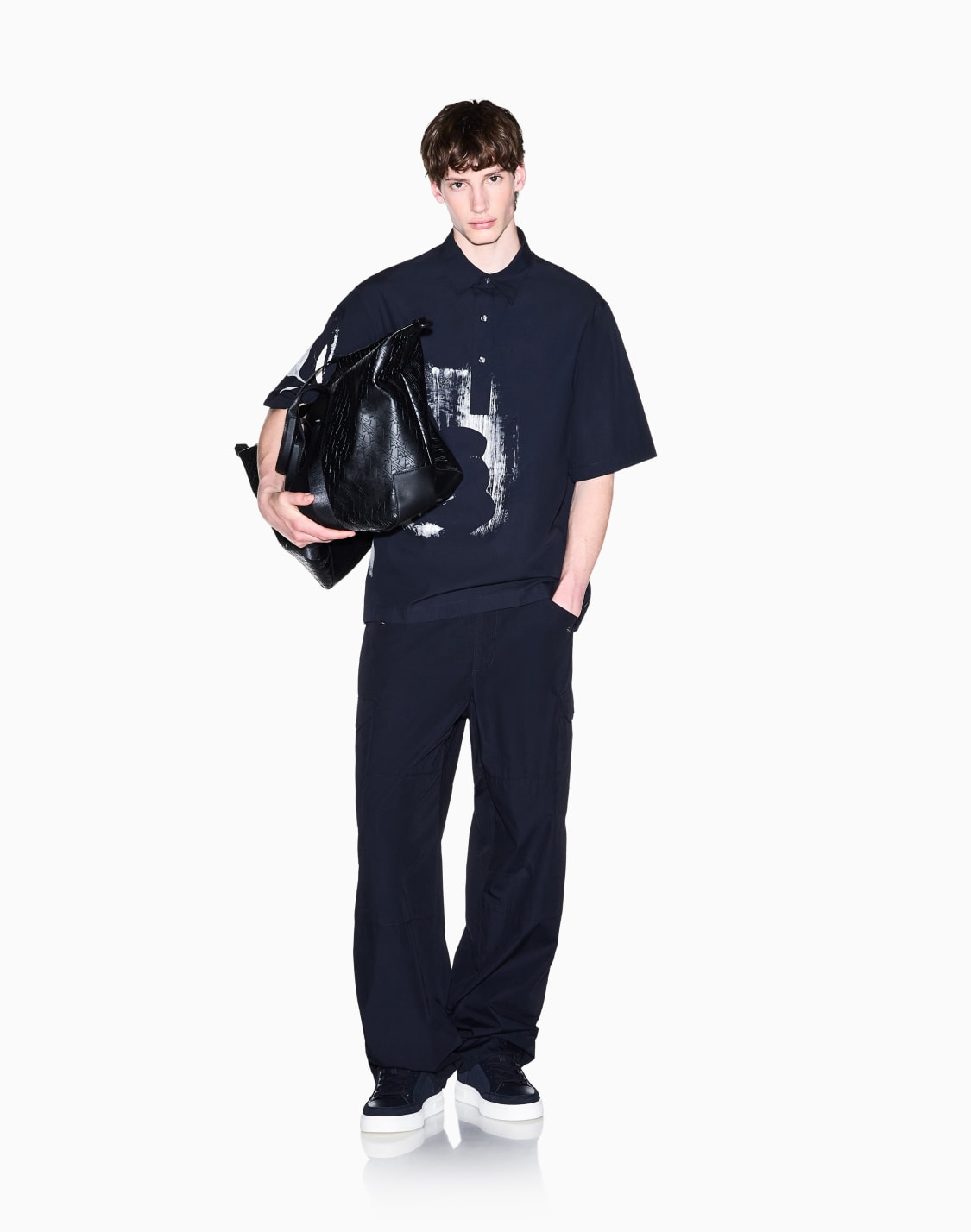 フラワプリント-ルズフィット-半袖シャツ-ネイビブル--armani-exchange