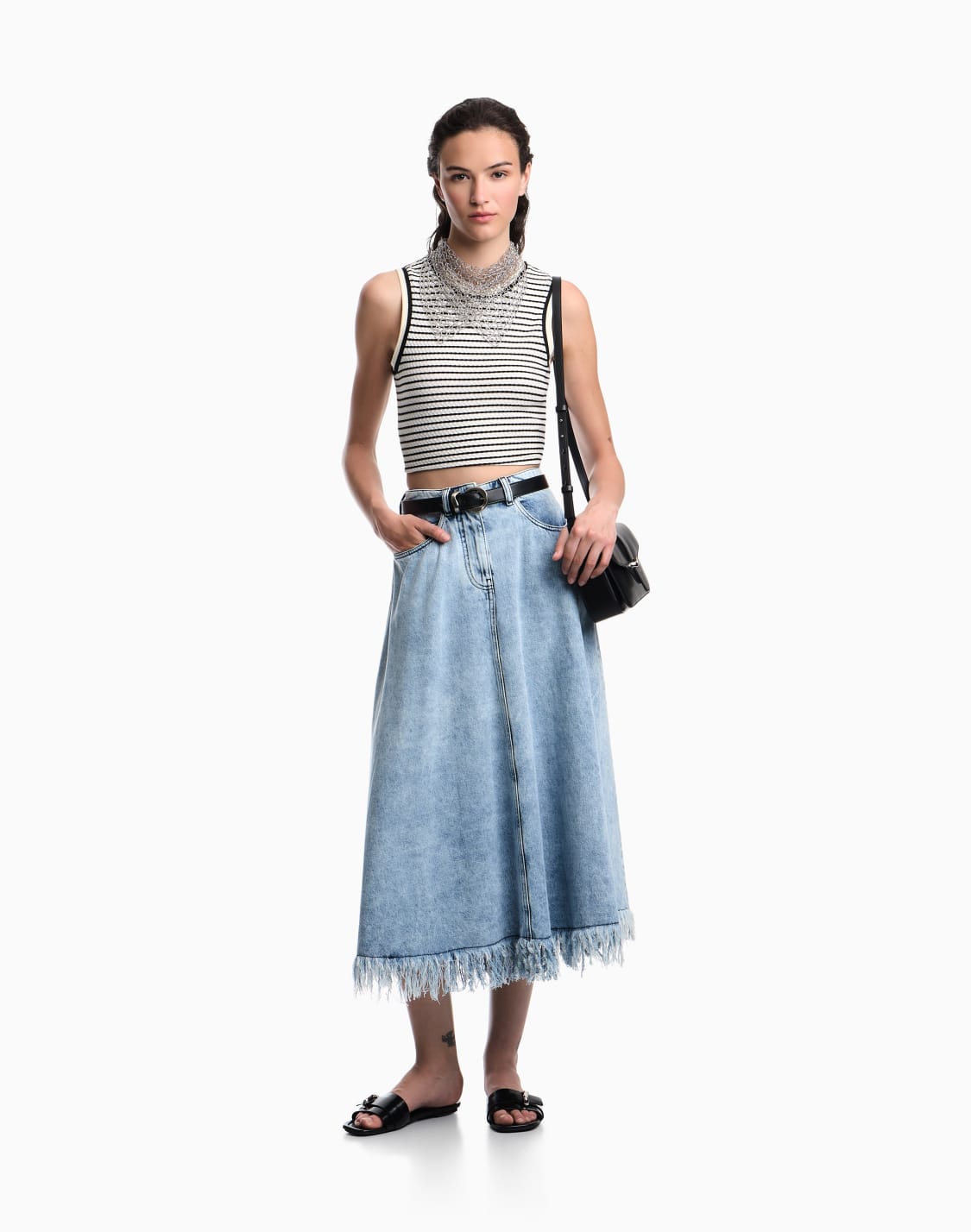 midirock-aus-denim-in-vintage-optik-mit-fransen-blau--emporio-armani