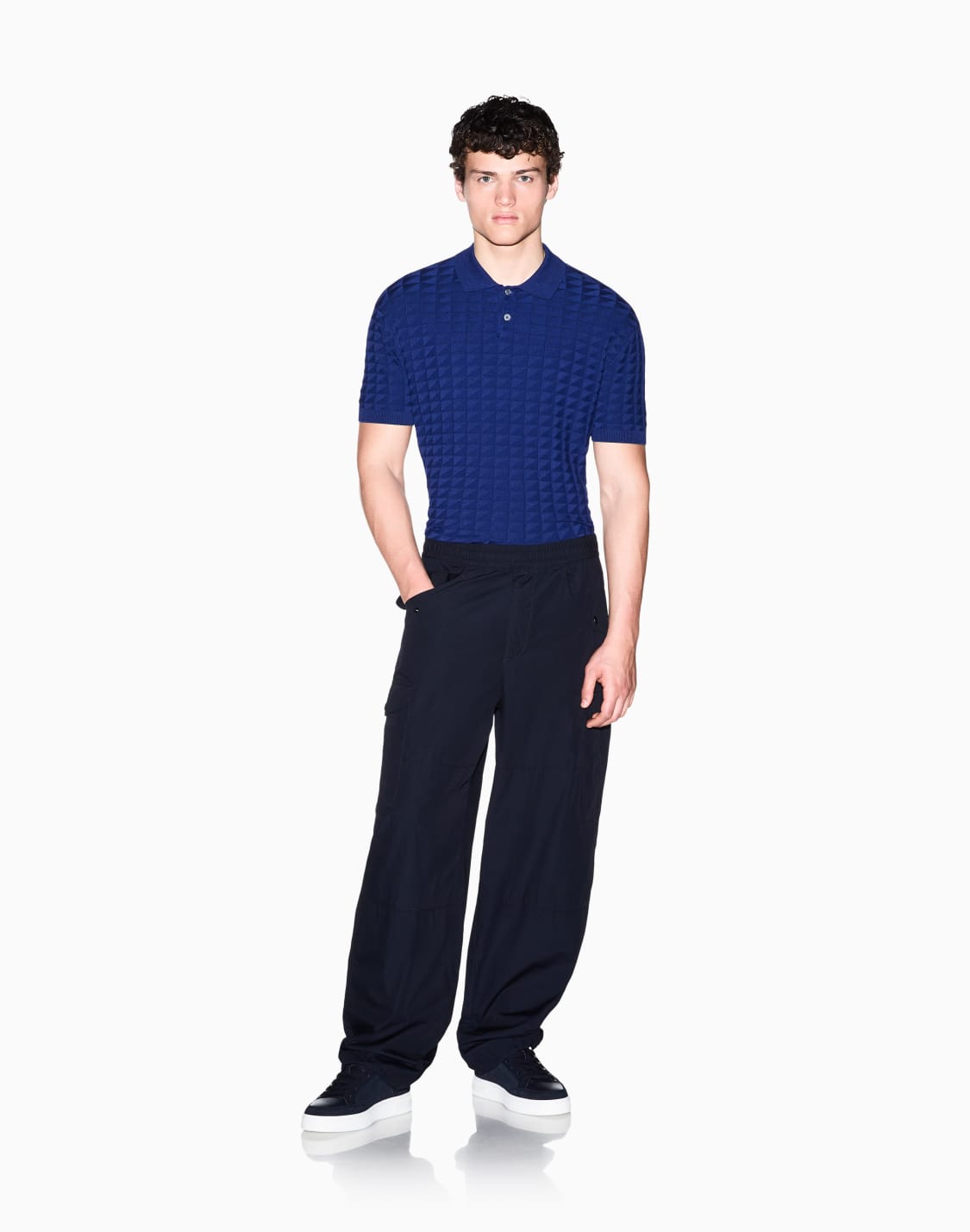 ジオメトリックパタン-半袖ニットポロシャツ-ブル--armani-exchange