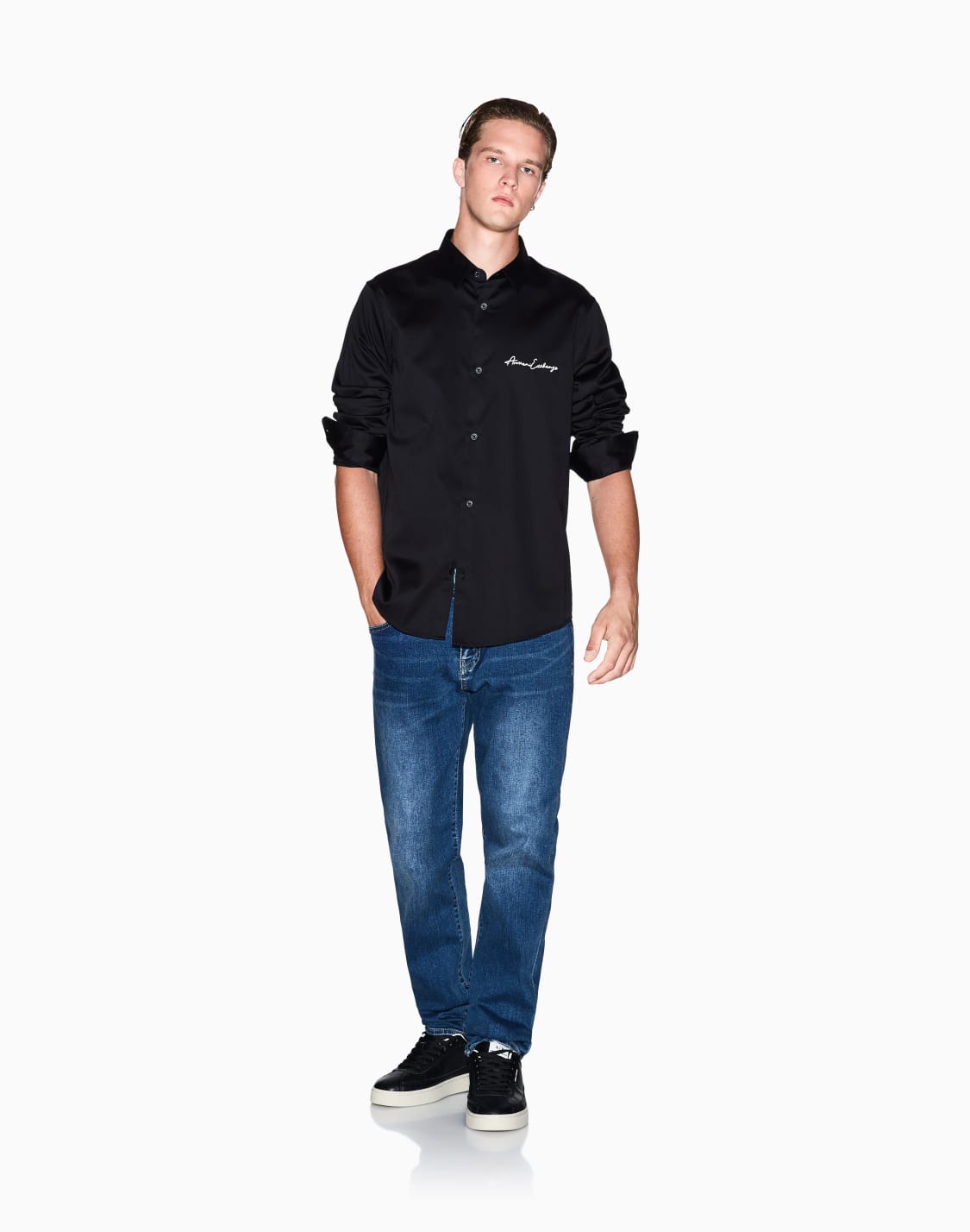 シグネチャロゴ-レギュラフィット-ストレッチコットンサテンシャツ-ブラック--armani-exchange