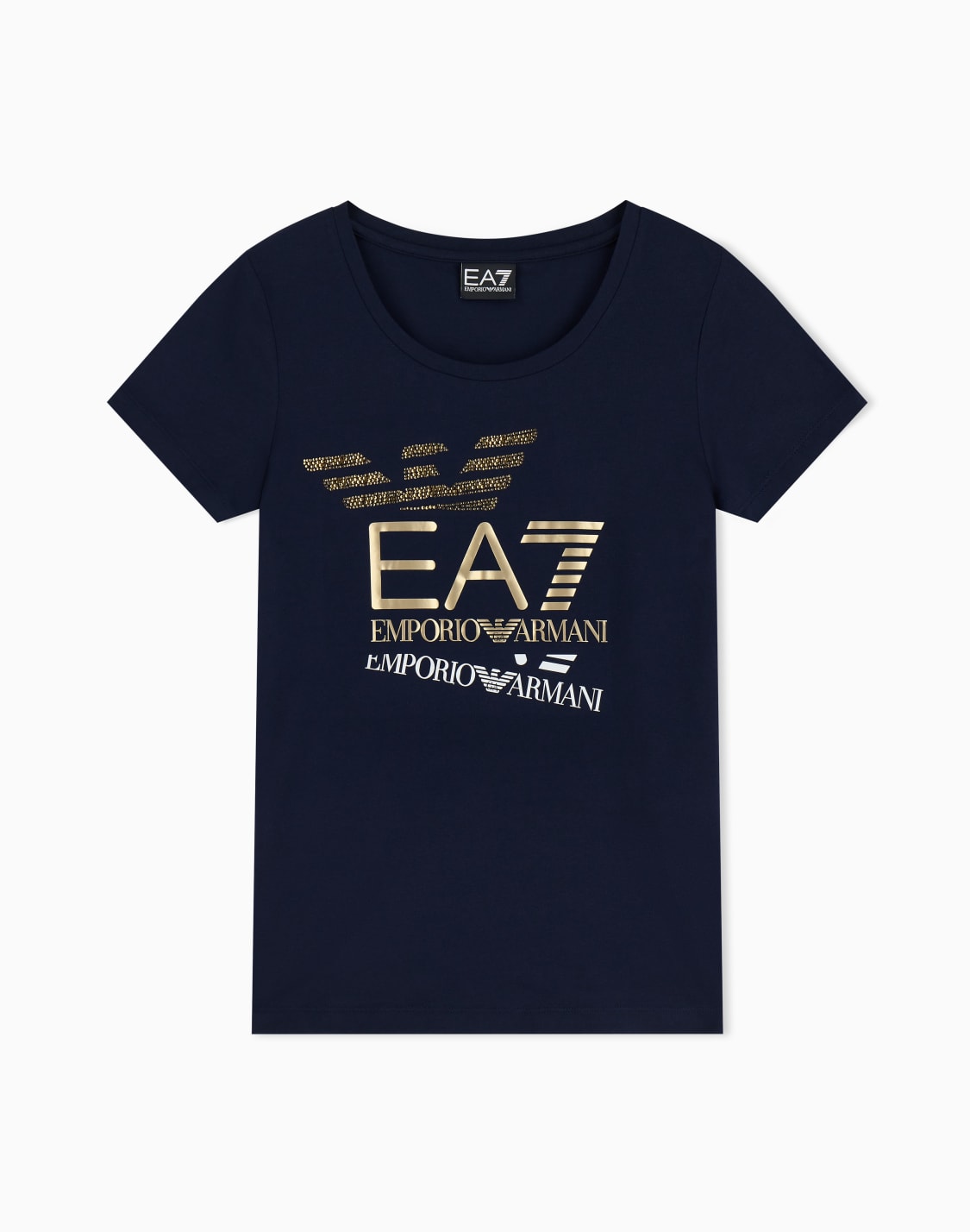 ウィメンズtシャツ-ラインストンロゴシリズ-ネイビブル--ea7