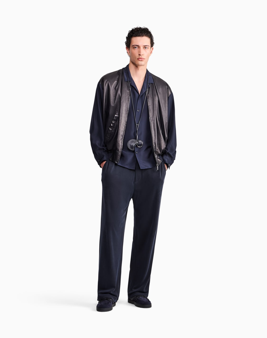 無地-シルクハボタイ-メンズシャツ-光沢感-ネイビブル--giorgio-armani