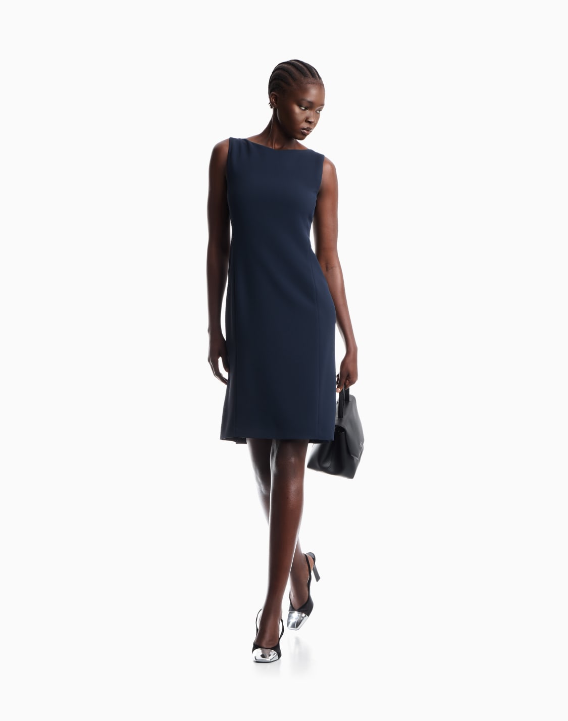 スリムフィット-ボトネック-膝丈-ノスリブワンピス-ネイビブル--emporio-armani