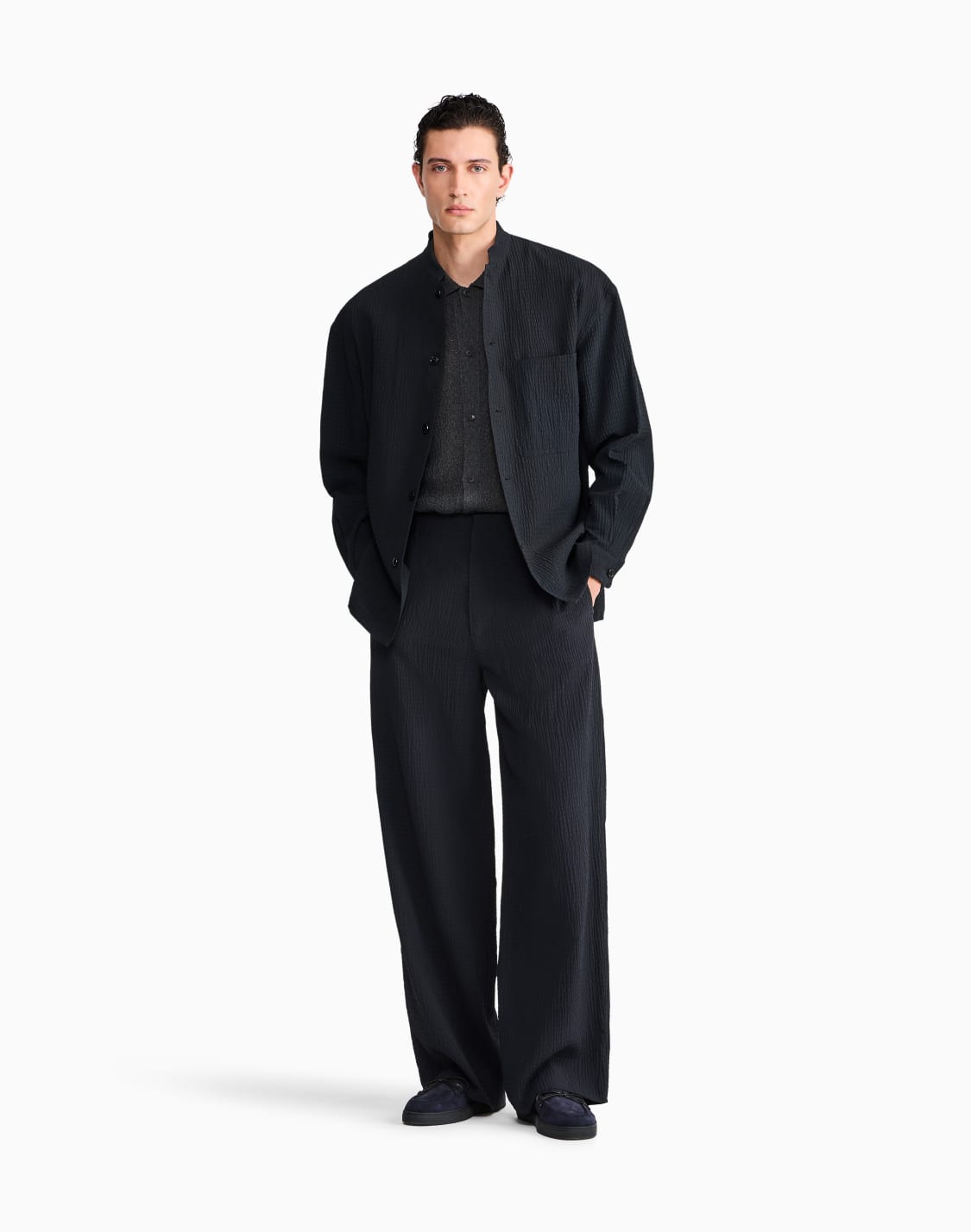 レギュラフィット-襟付き半袖カディガン-リンクス編み-ブラック--giorgio-armani