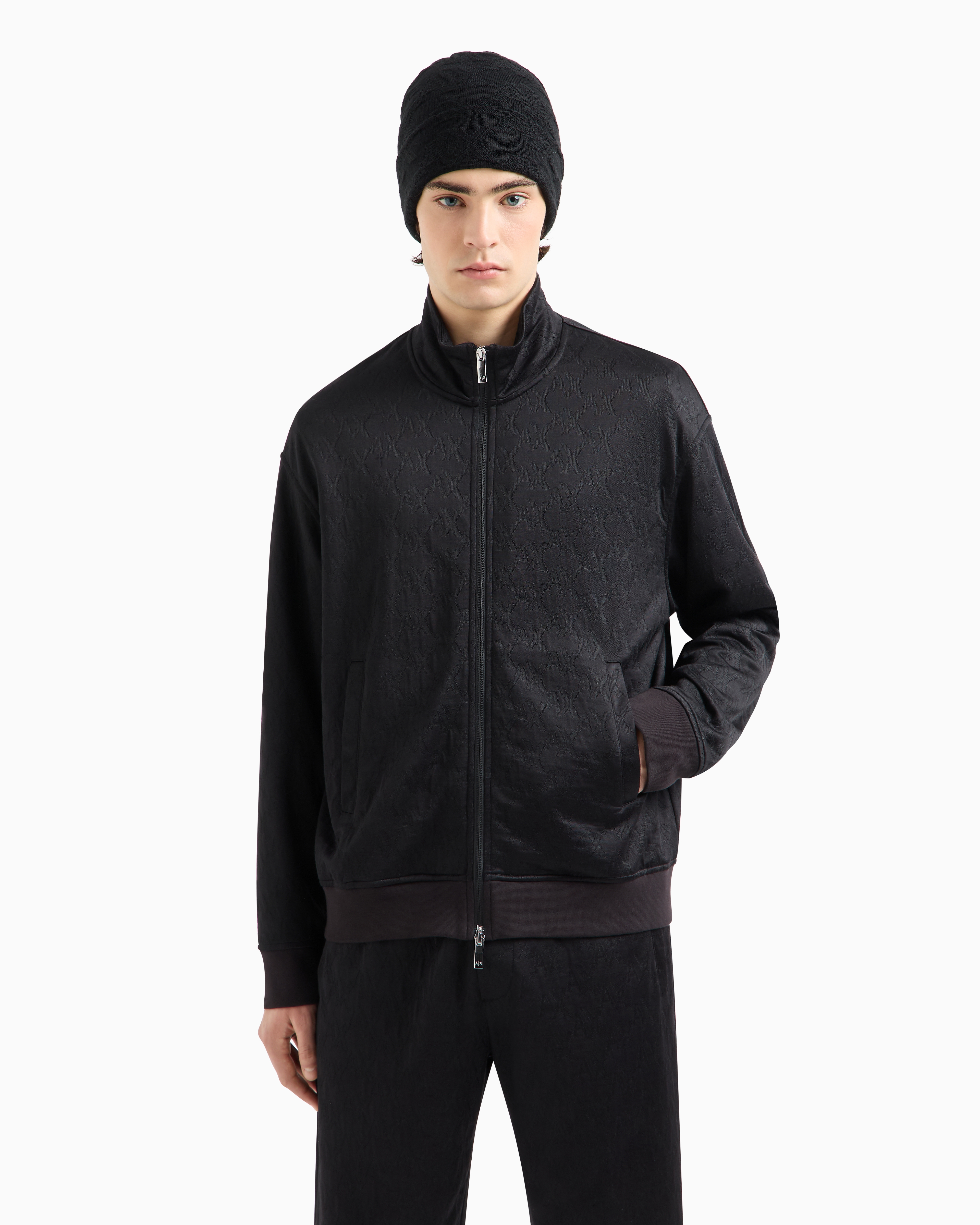 Zip-up sweatshirt in allover tone-on-tone monogram fabric | Armani