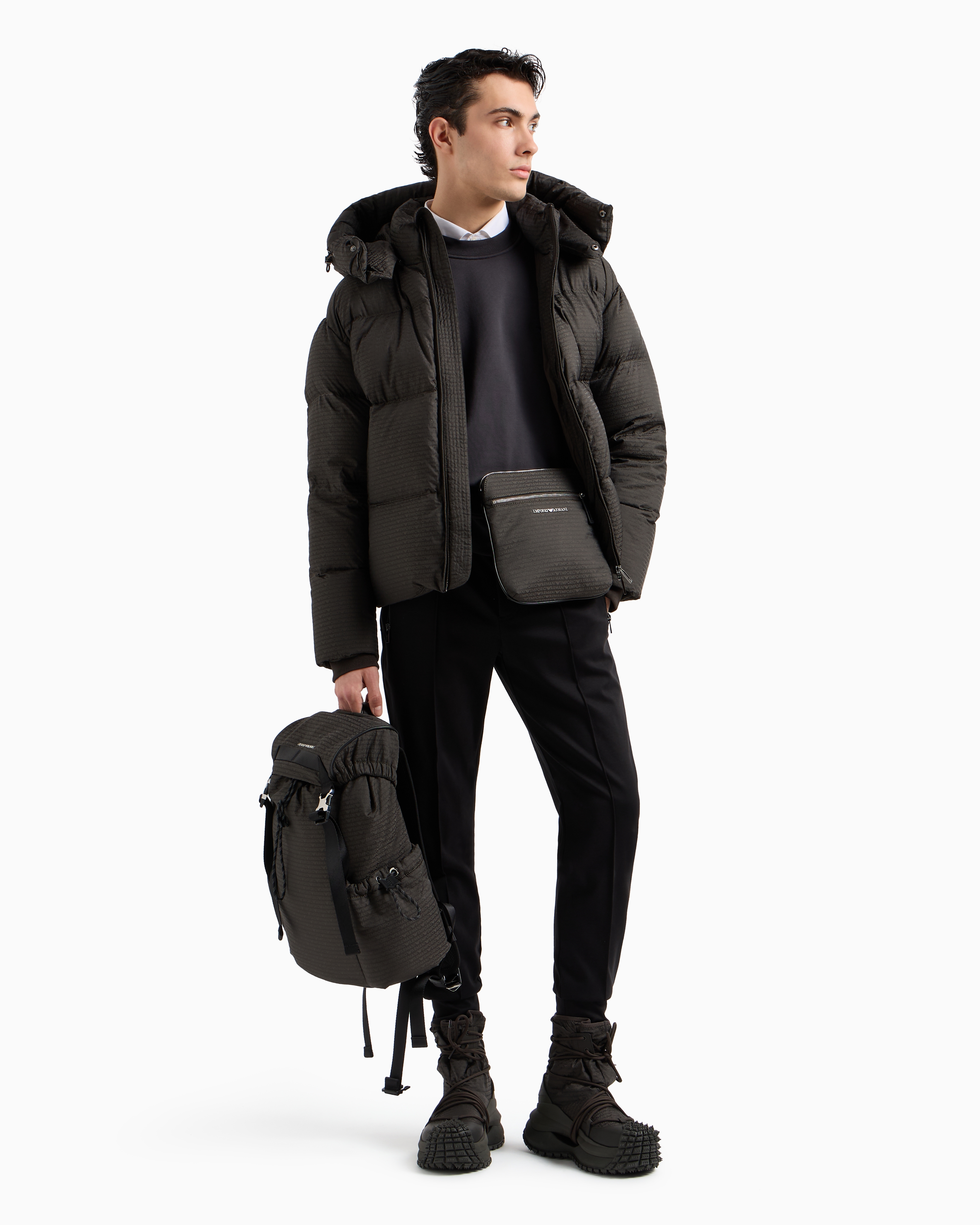 Zipped, hooded down jacket in jacquard nylon with all-over logo