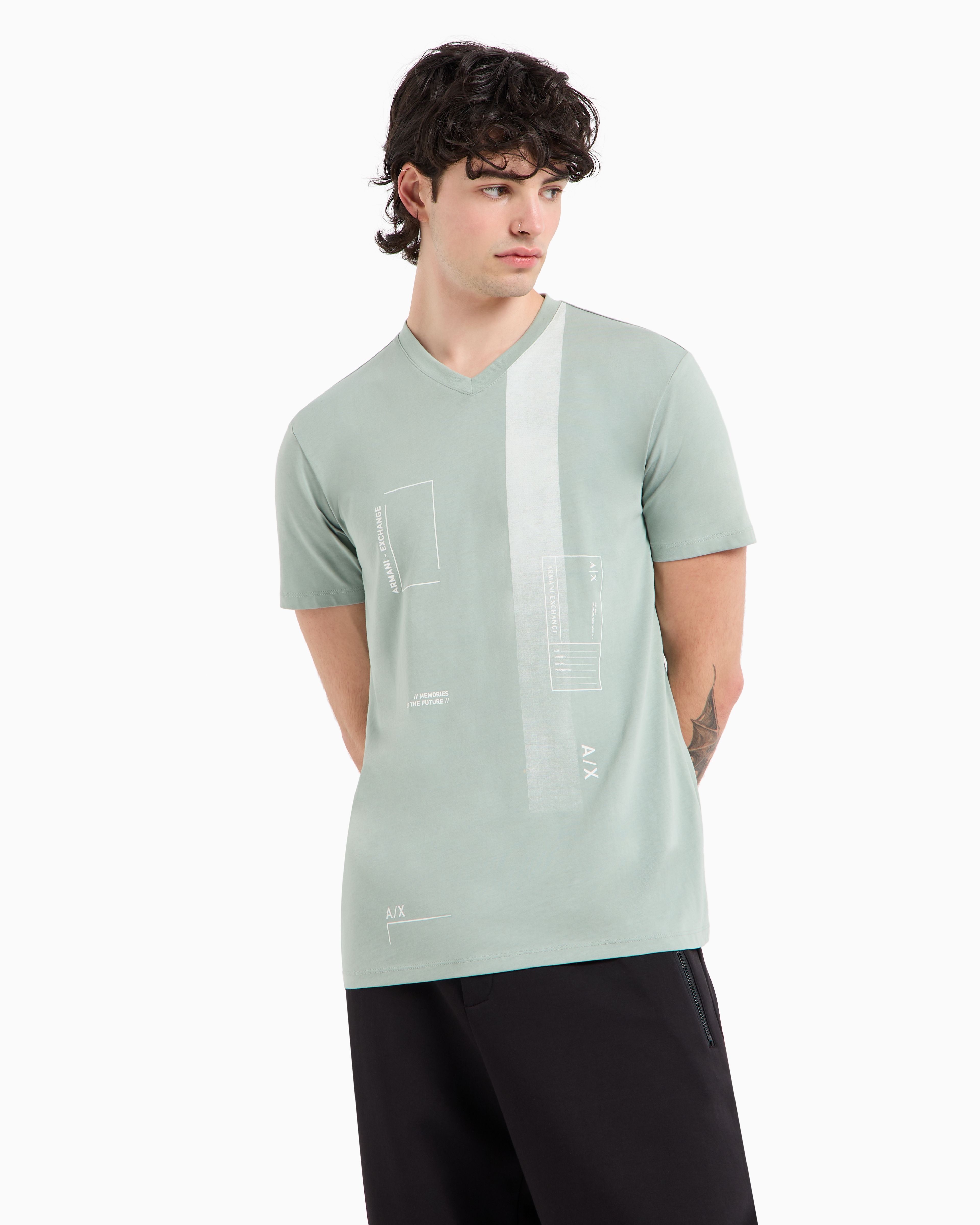 Armani Exchange - AX Logo V-Neck Short Sleeve T-Shirt, Man, Green, Size: XS