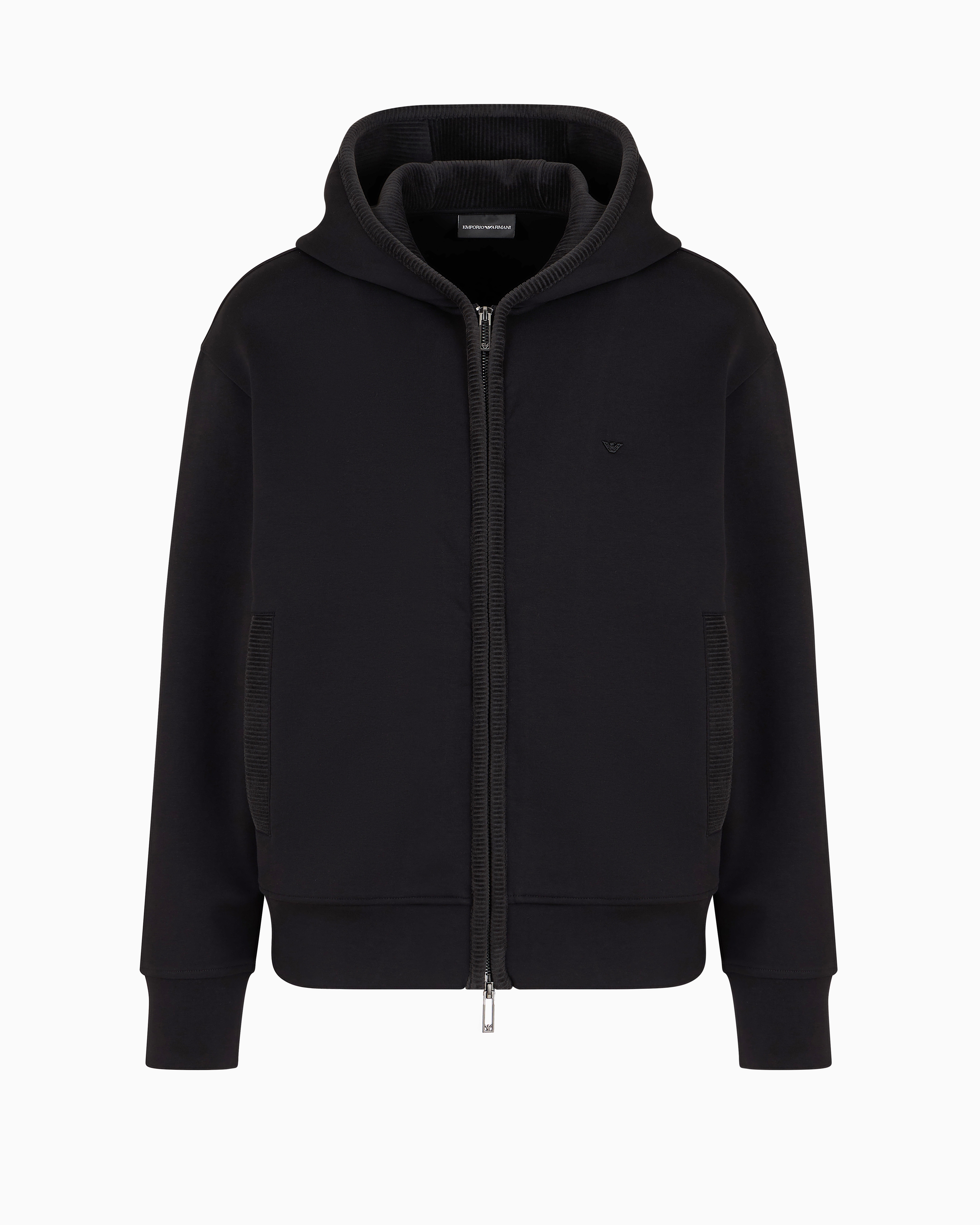 Double-jersey hooded zip-up sweatshirt with velour details