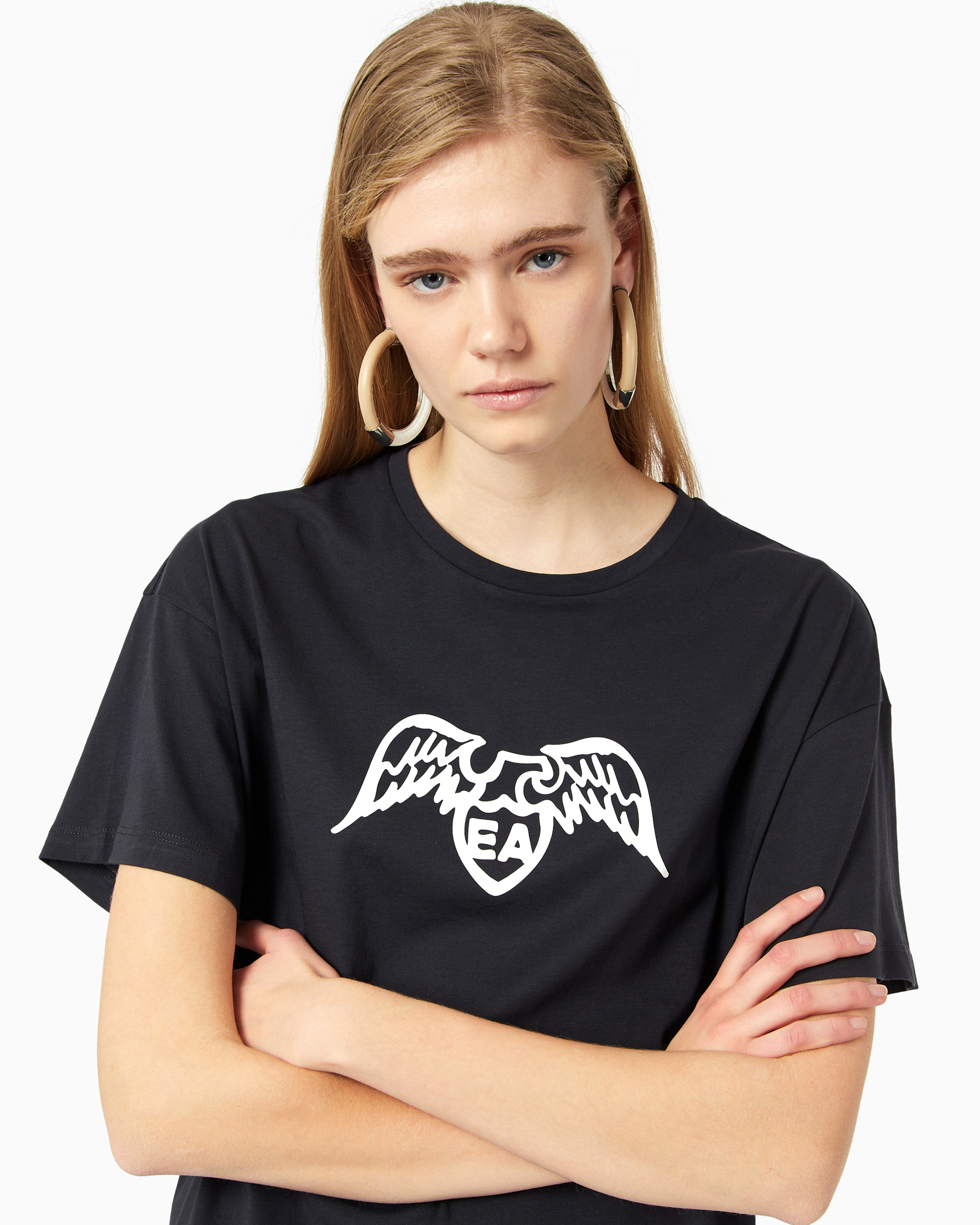 Emporio Armani - Pima T-shirt with eagle logo, Woman, Navy Blue, Size: