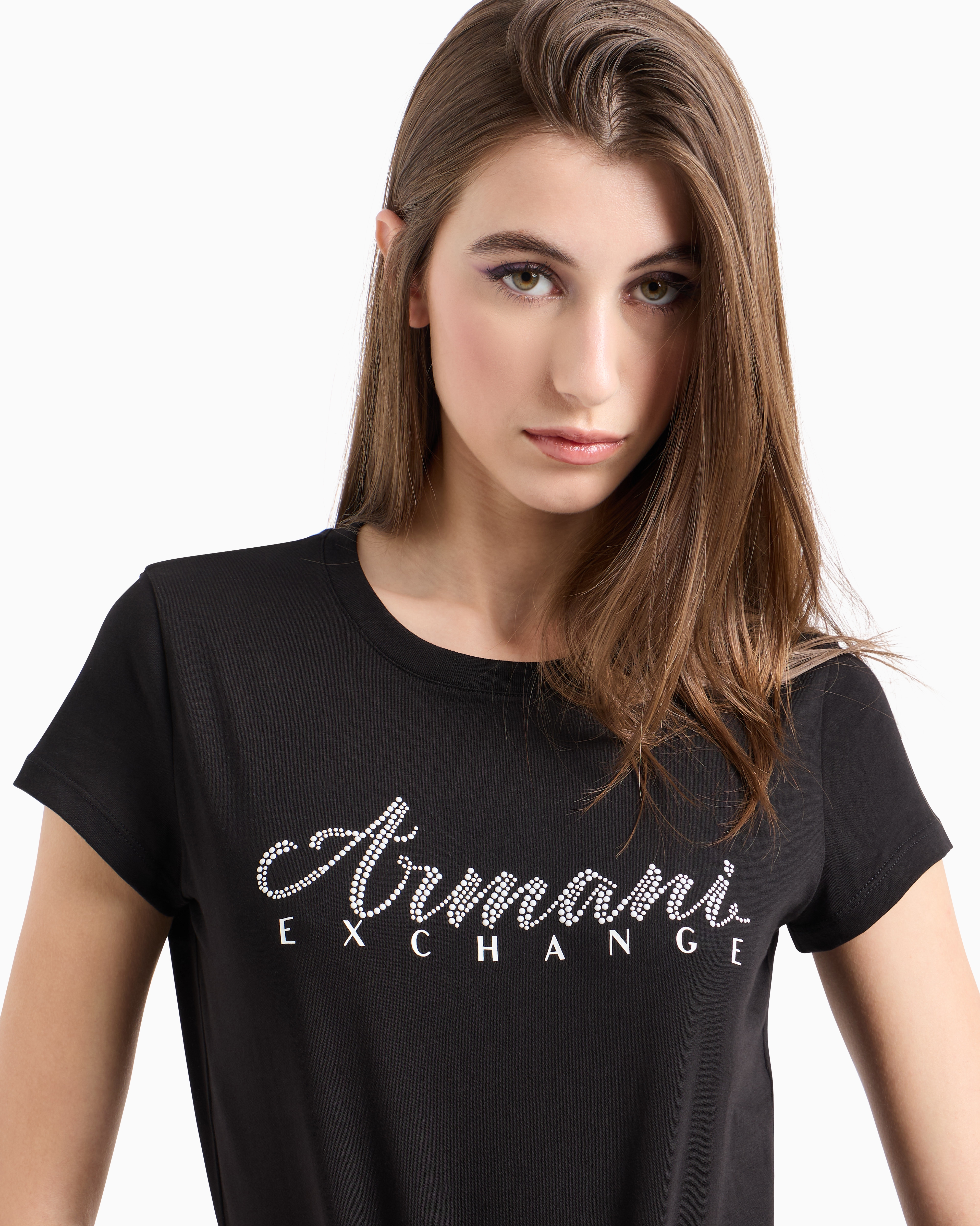 Armani Exchange - Slim fit T-shirt in stretch cotton jersey, Woman, Black, Size: XS